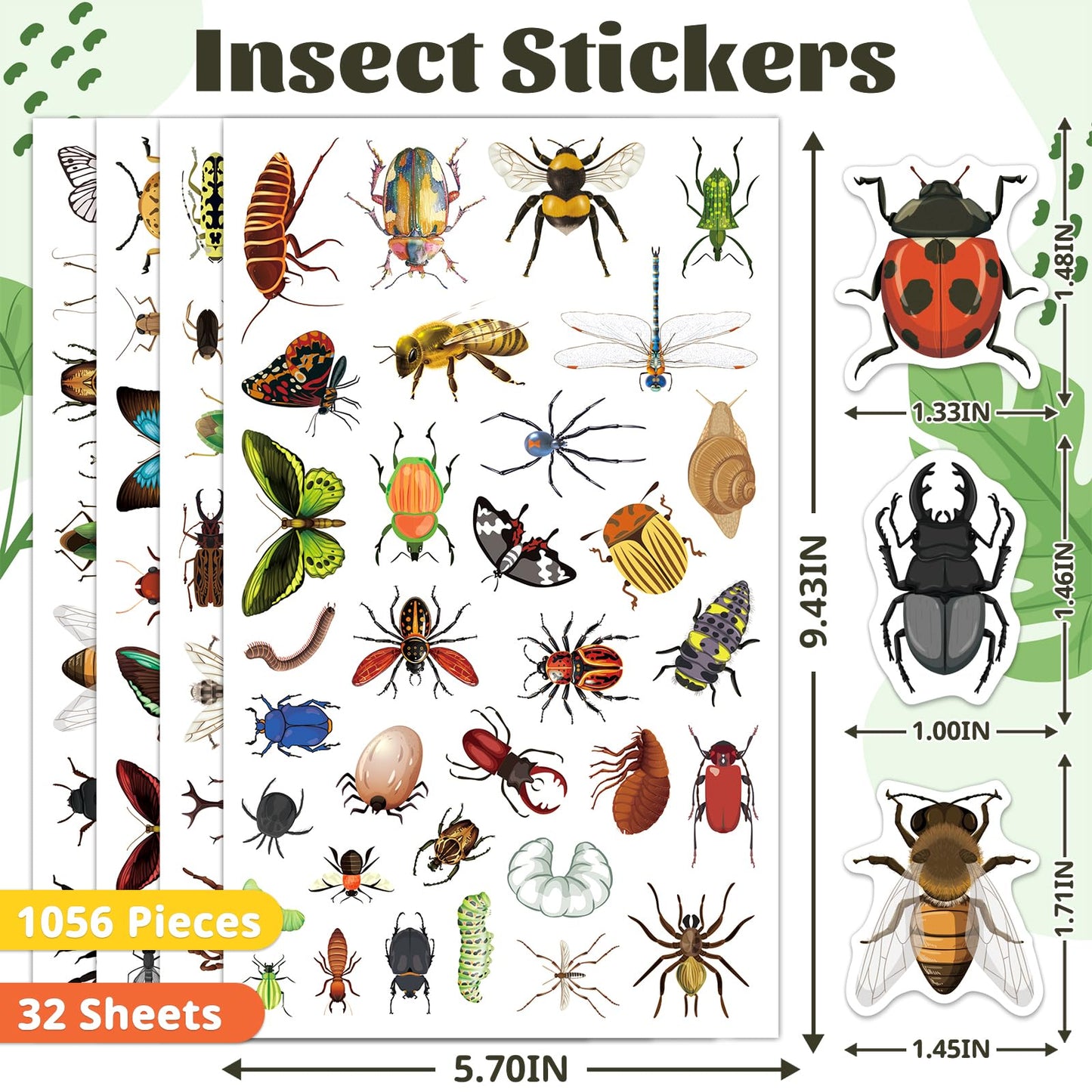 Yqskt 1056 PCS Bug Stickers – 32 Sheets Insect Sticker Pack for Kids | Waterproof Vinyl for Laptops, Water Bottles, and Scrapbooks
