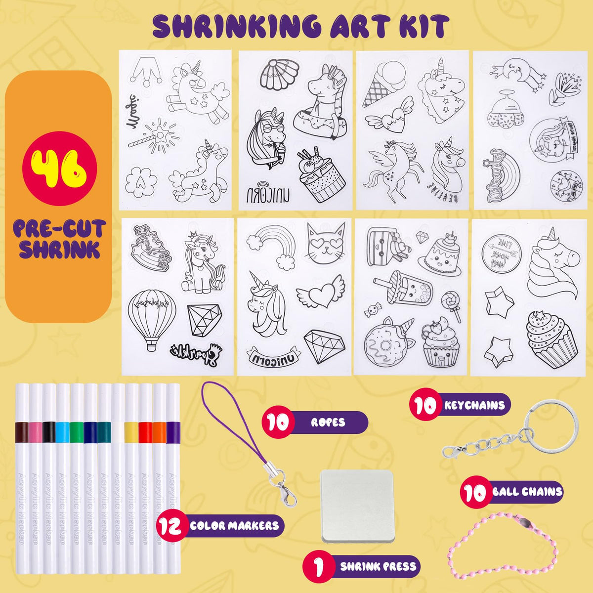 Yrinfay 89-Piece DIY Unicorn Shrinking Plastic Art Kit – 46 Charms, 12 Markers & Accessories
