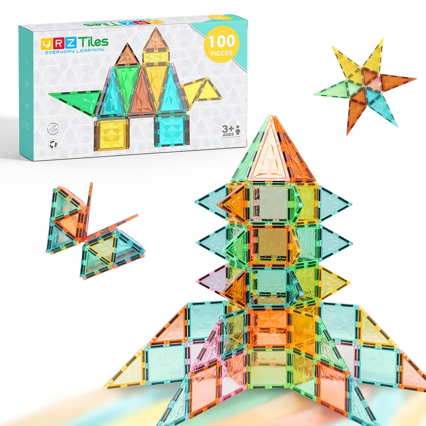 YRZtiles Magnetic Tiles 100-Piece Set — STEM Building Blocks for Kids 3+