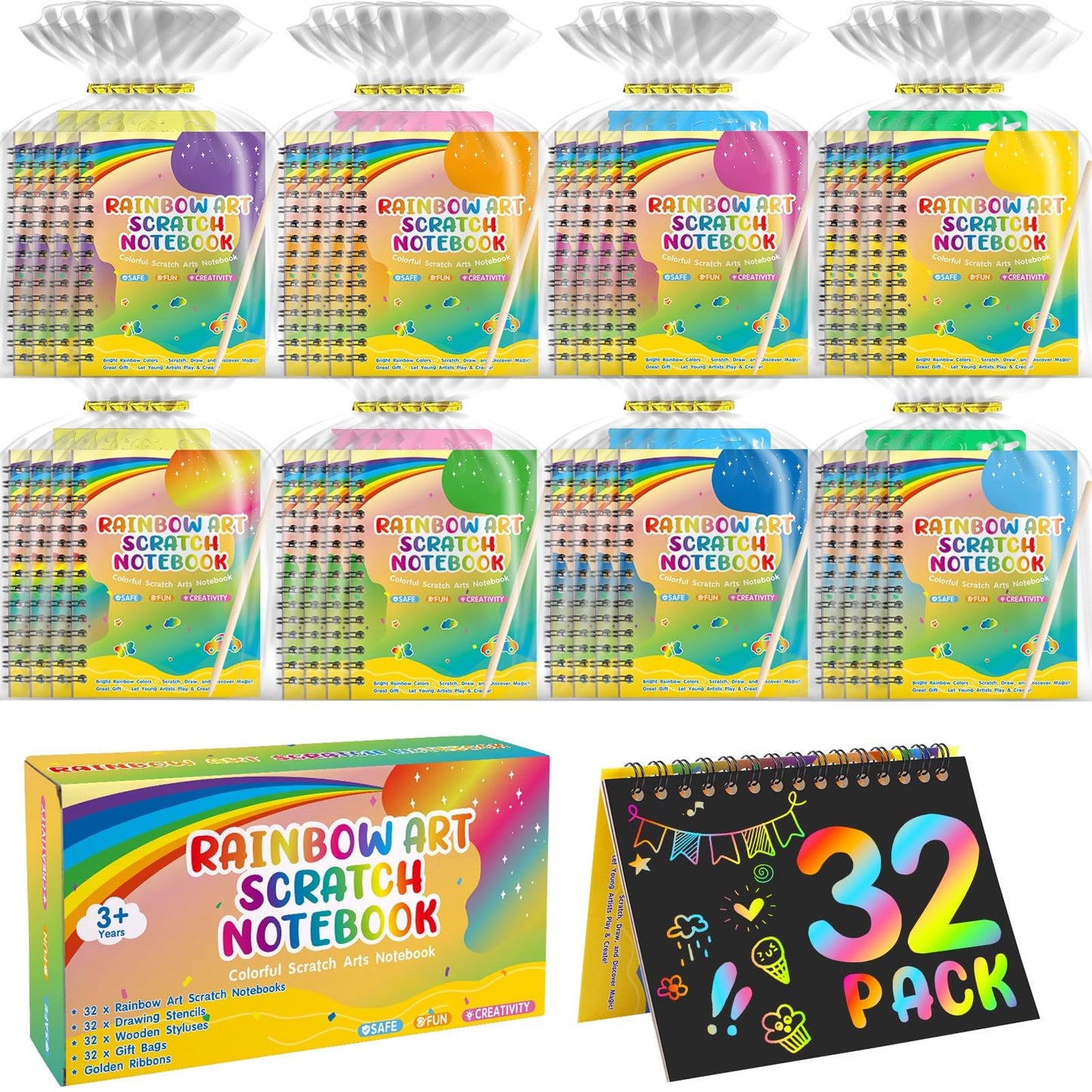 YSCare Scratch Arts 32-Pack Rainbow Notebooks – Party Favors & Classroom Prizes for Kids