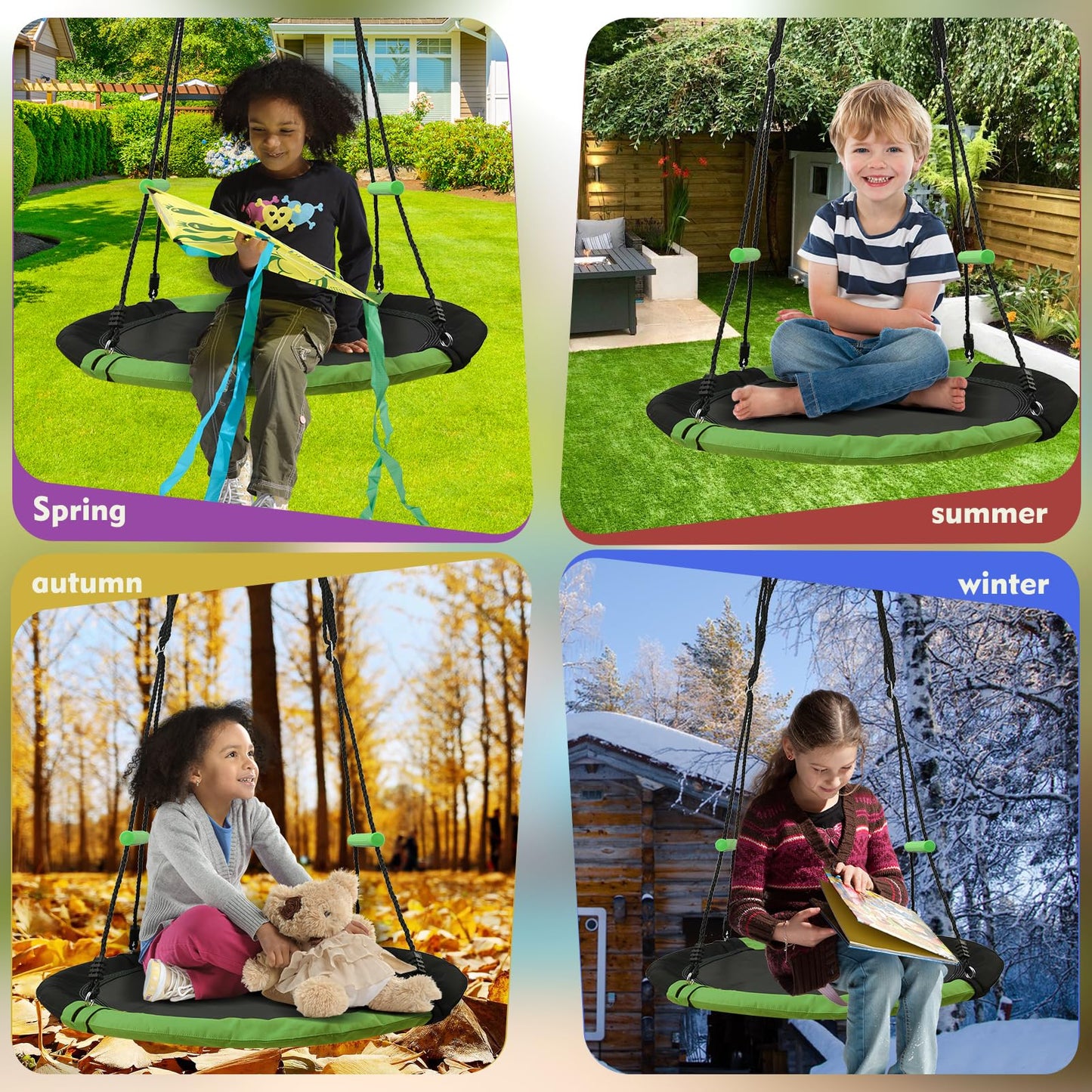 YSEJOMP Black Round Saucer Swing with Handles – 40-Inch Outdoor Swing, Durable Frame & PP Mat