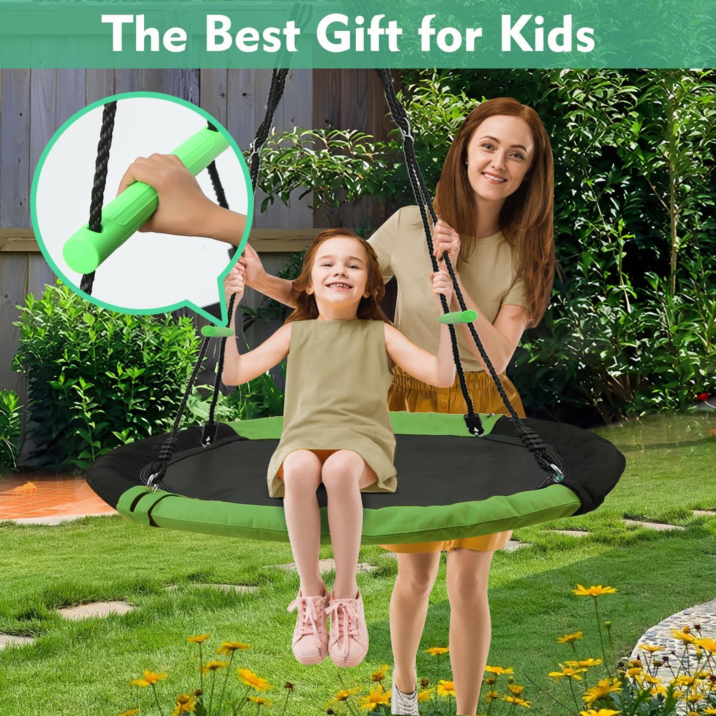 YSEJOMP Black Round Saucer Swing with Handles – 40-Inch Outdoor Swing, Durable Frame & PP Mat