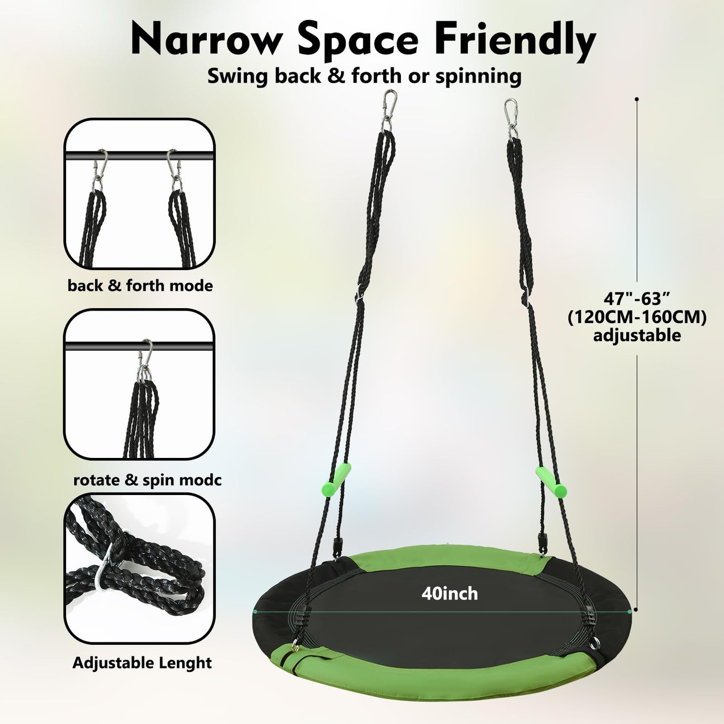 YSEJOMP Black Round Saucer Swing with Handles – 40-Inch Outdoor Swing, Durable Frame & PP Mat