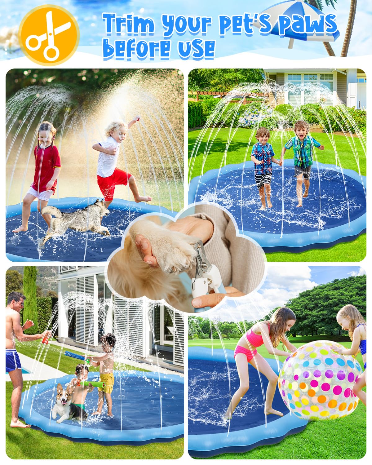 YSJILIDE Splash Pad for Kids & Dogs — Non-Slip 120-Inch Water Play Mat