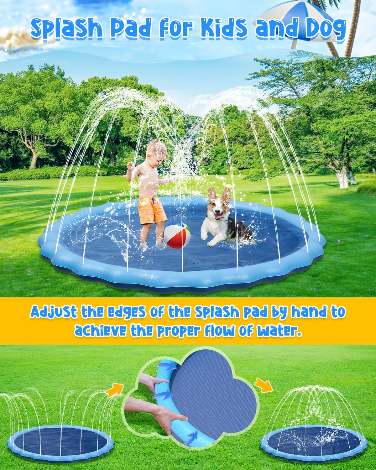 YSJILIDE Splash Pad for Kids & Dogs — Non-Slip 120-Inch Water Play Mat