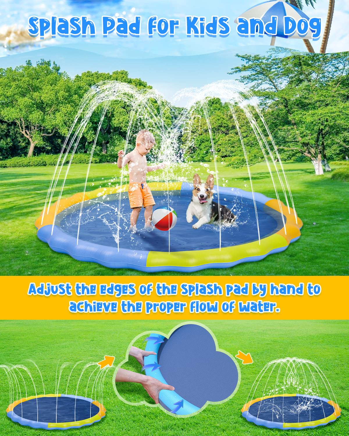YSJILIDE Splash Pad for Kids and Dogs | Non-Slip 107-Inch Outdoor Sprinkler Play Mat