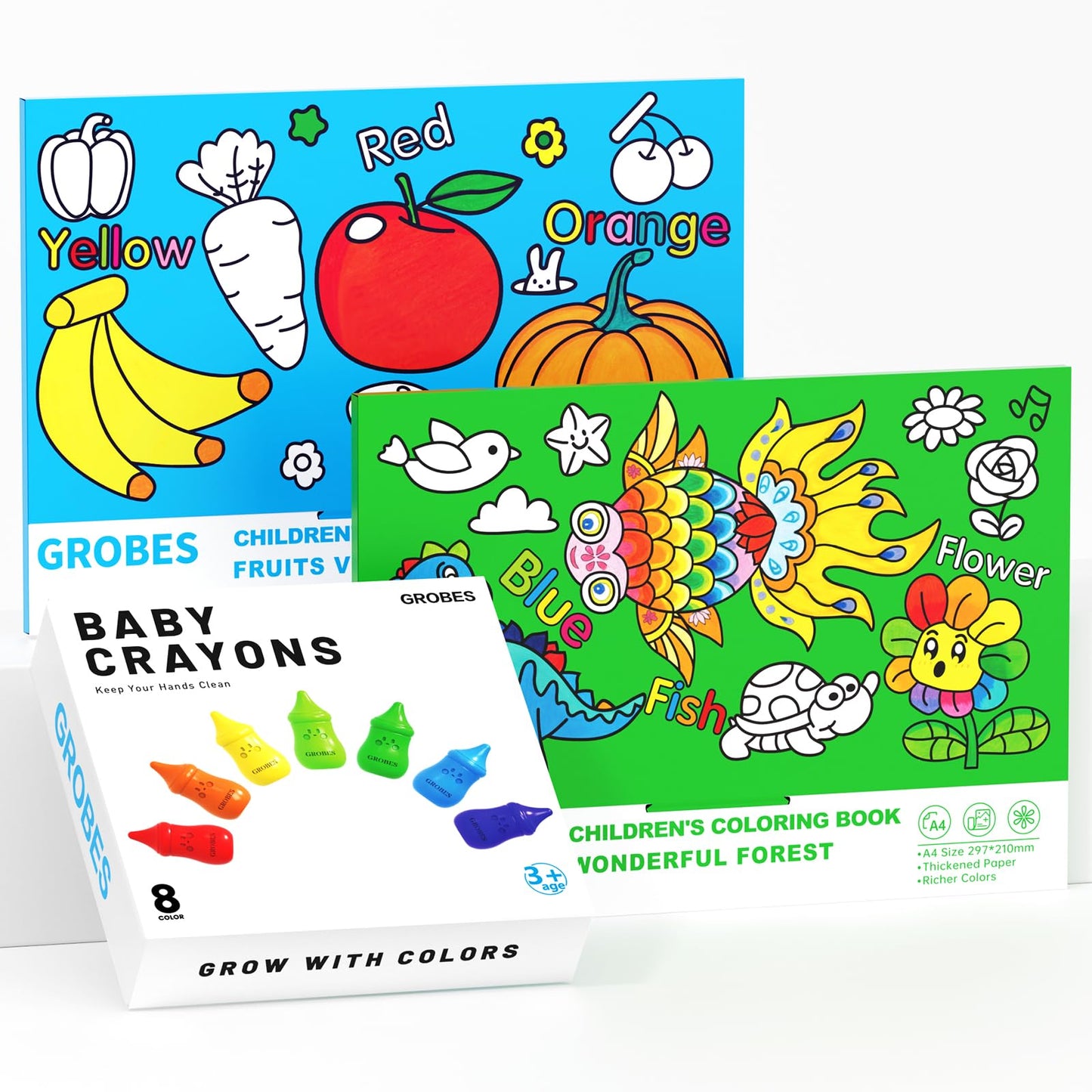 YSNYSN 3-in-1 Crayons Themed Set – 8 Colors with Fruits & Vegetables + Wonderful Forest Coloring Books