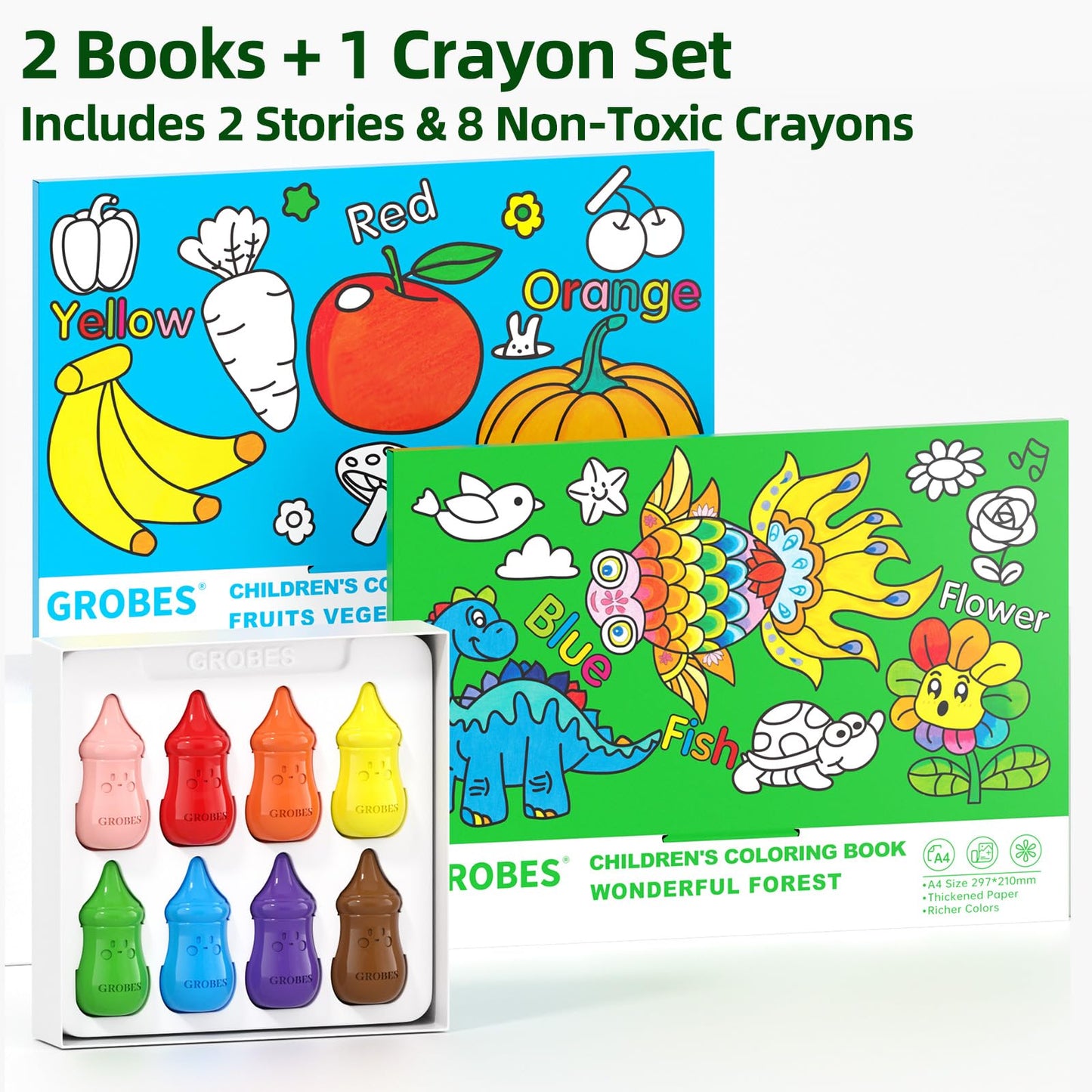 YSNYSN 3-in-1 Crayons Themed Set – 8 Colors with Fruits & Vegetables + Wonderful Forest Coloring Books