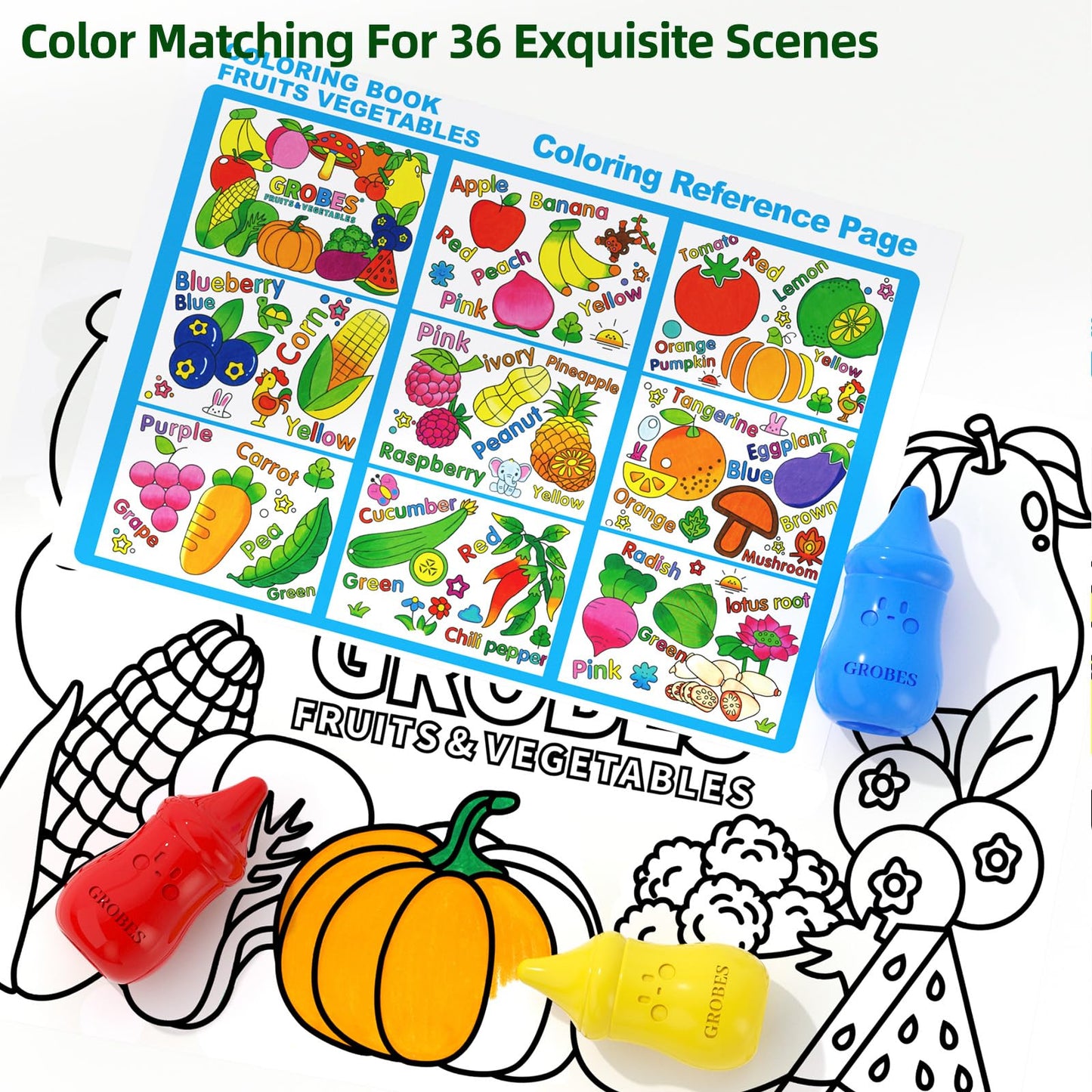 YSNYSN 3-in-1 Crayons Themed Set – 8 Colors with Fruits & Vegetables + Wonderful Forest Coloring Books