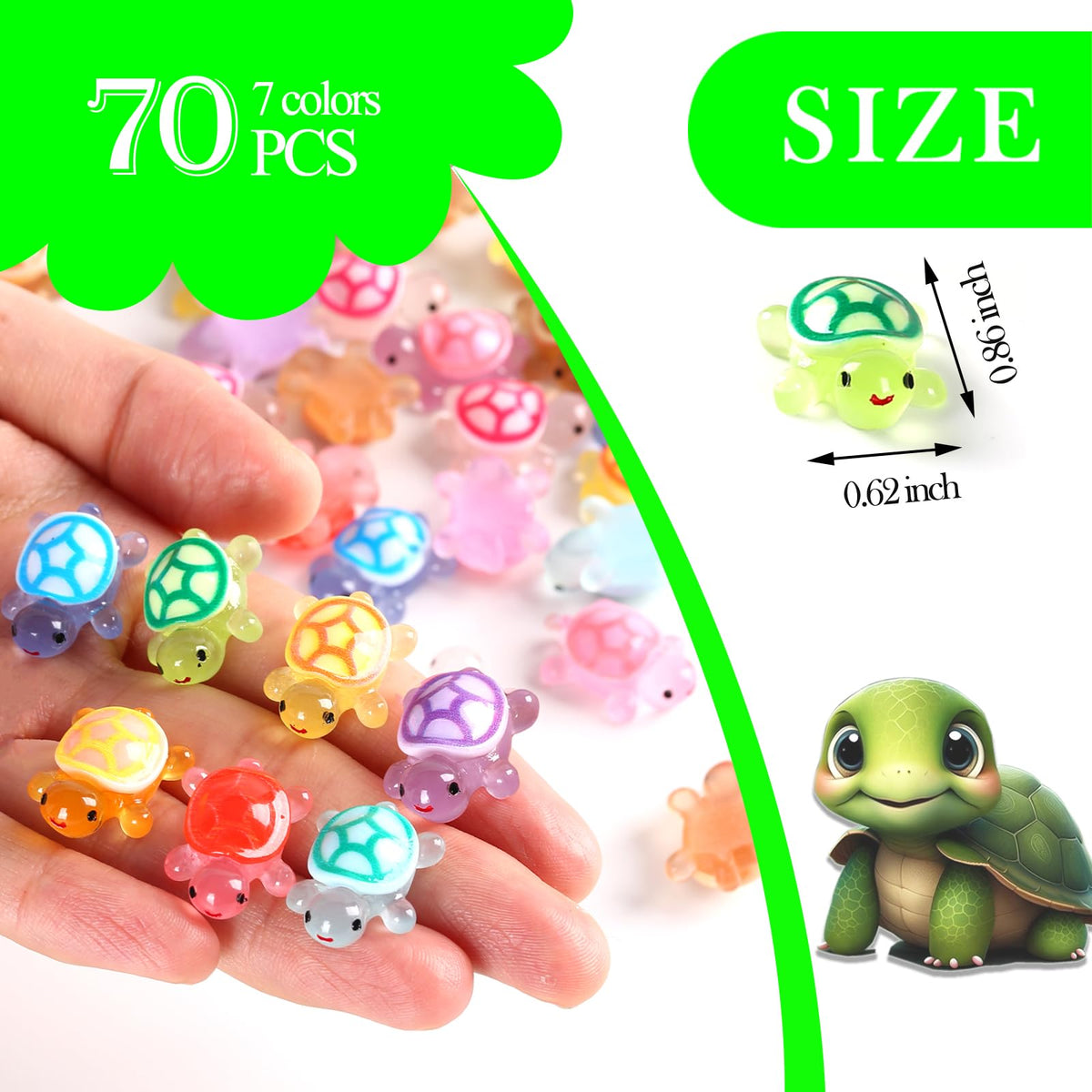 Ysofun 70Pcs Luminous Mini Resin Turtles – Rainbow 7 Colors for Dollhouses, Gardens & Micro-Landscapes