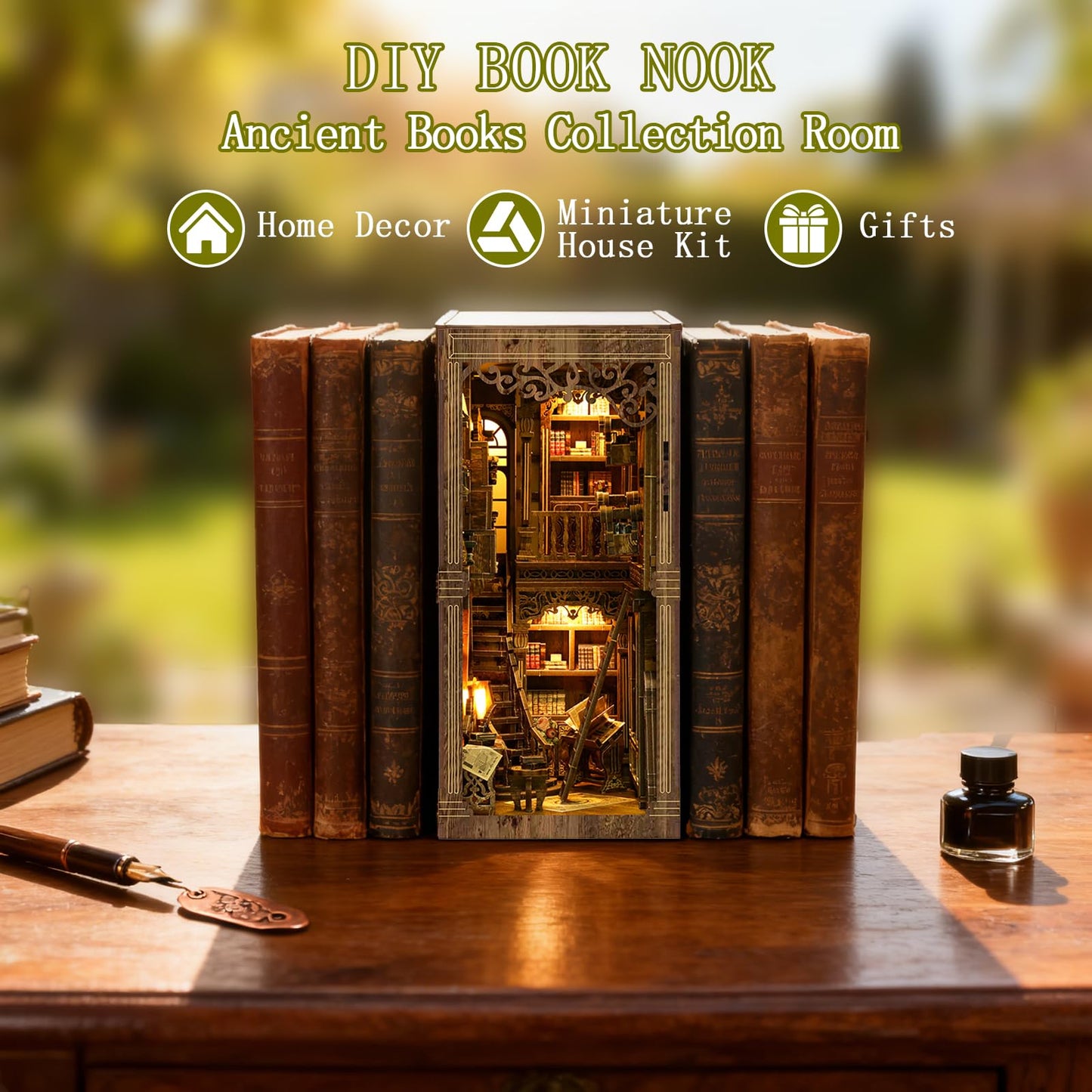 YSWOOD WORLD Book Nook Kit – DIY 3D Wooden Miniature House with Sensor LED Lighting