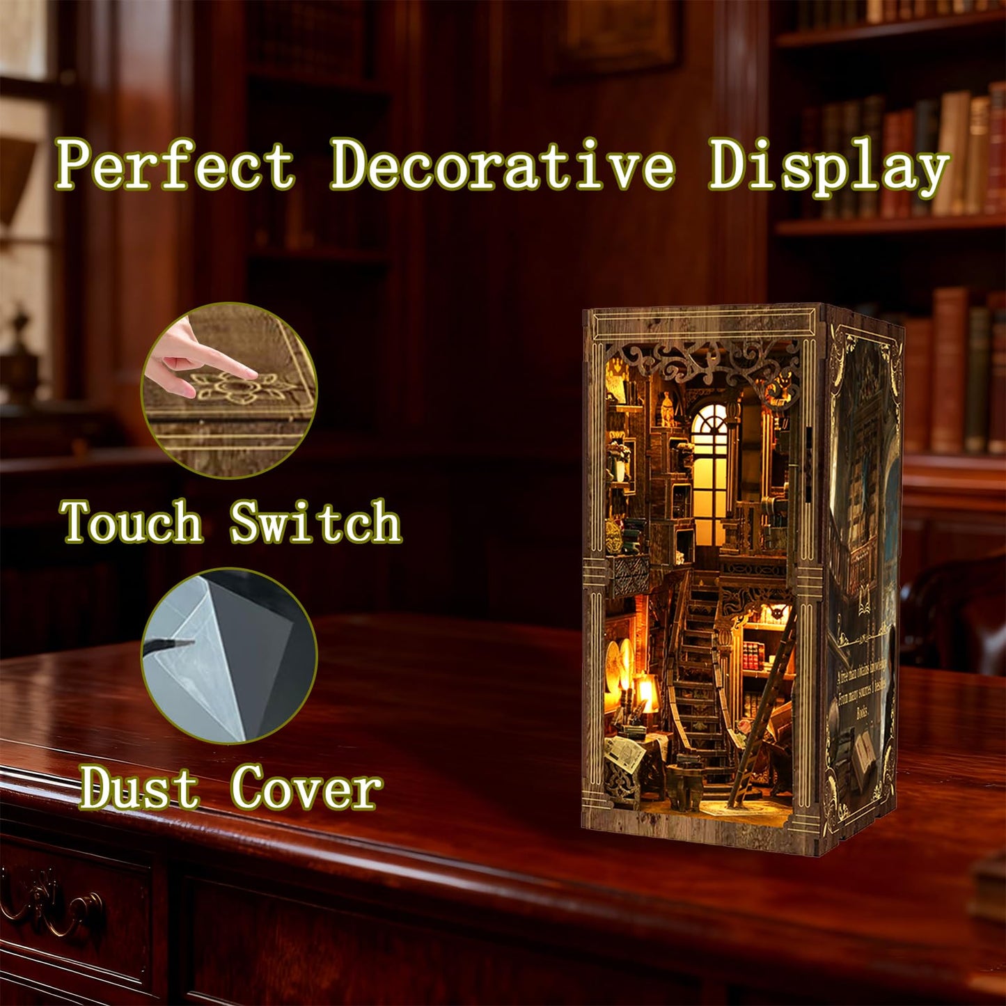YSWOOD WORLD Book Nook Kit – DIY 3D Wooden Miniature House with Sensor LED Lighting