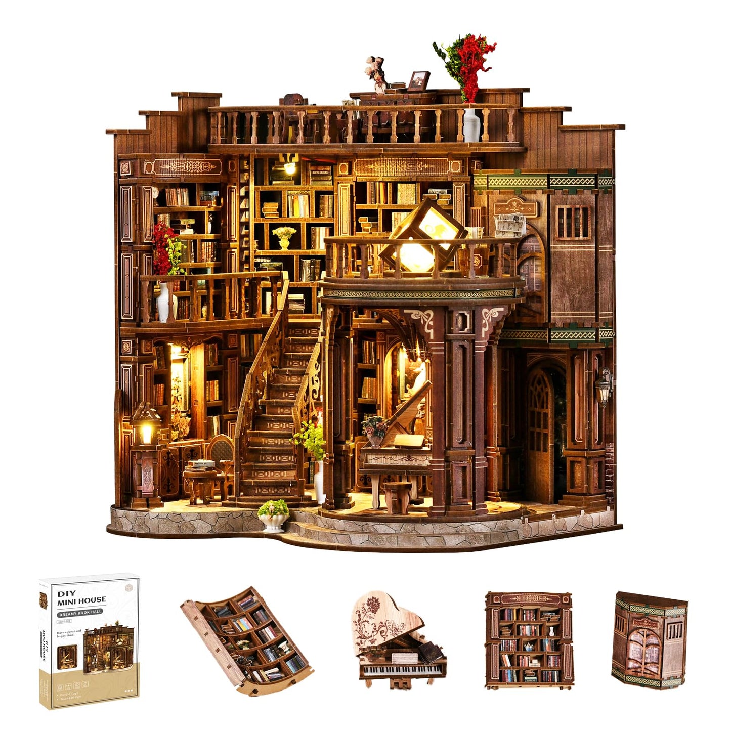 YSWOOD WORLD Book Nook Kit – DIY Miniature House, 3D Puzzle with LED Light