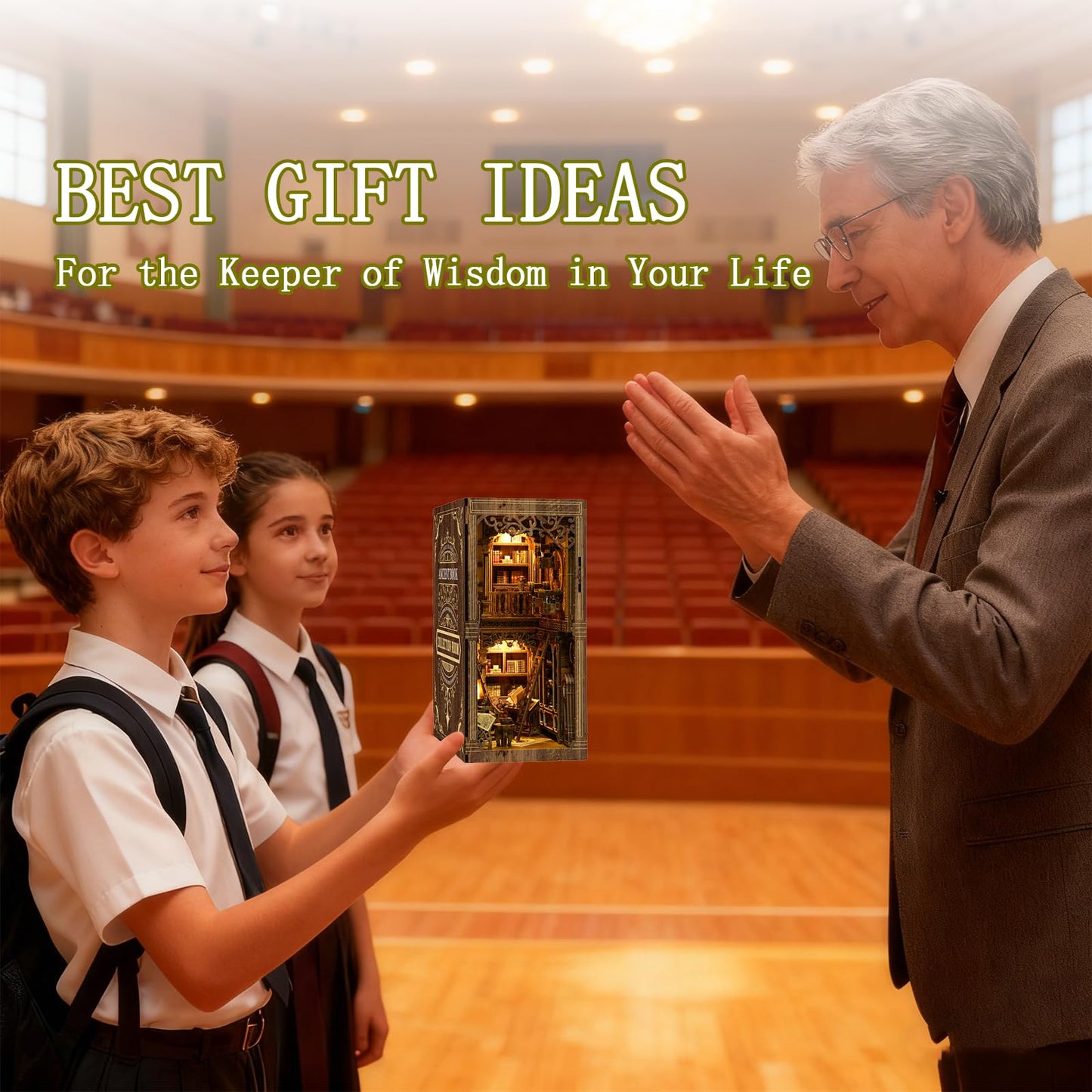 YSWOOD WORLD Book Nook Kit – DIY 3D Wooden Miniature House with Sensor LED Lighting