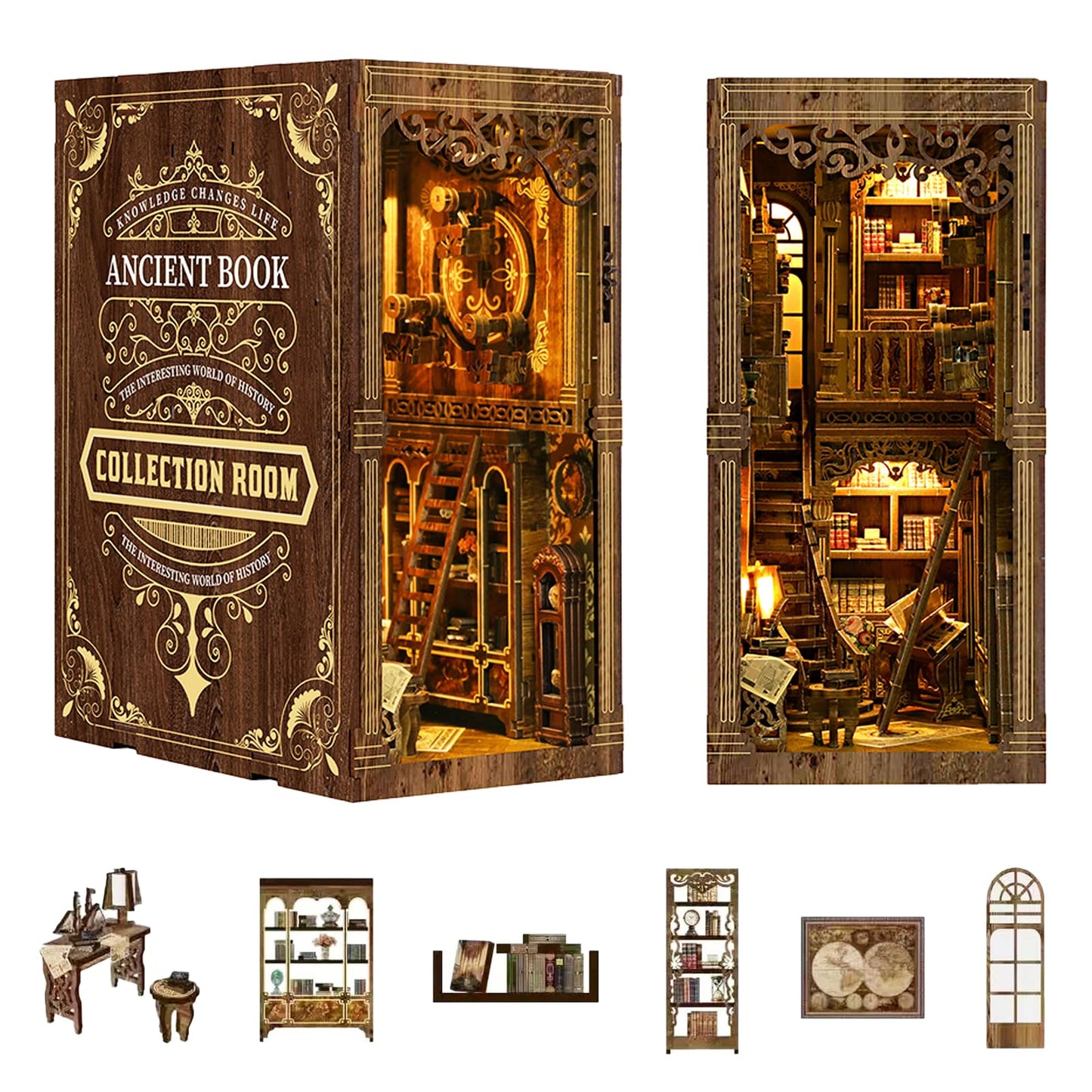YSWOOD WORLD Book Nook Kit – DIY 3D Wooden Miniature House with Sensor LED Lighting
