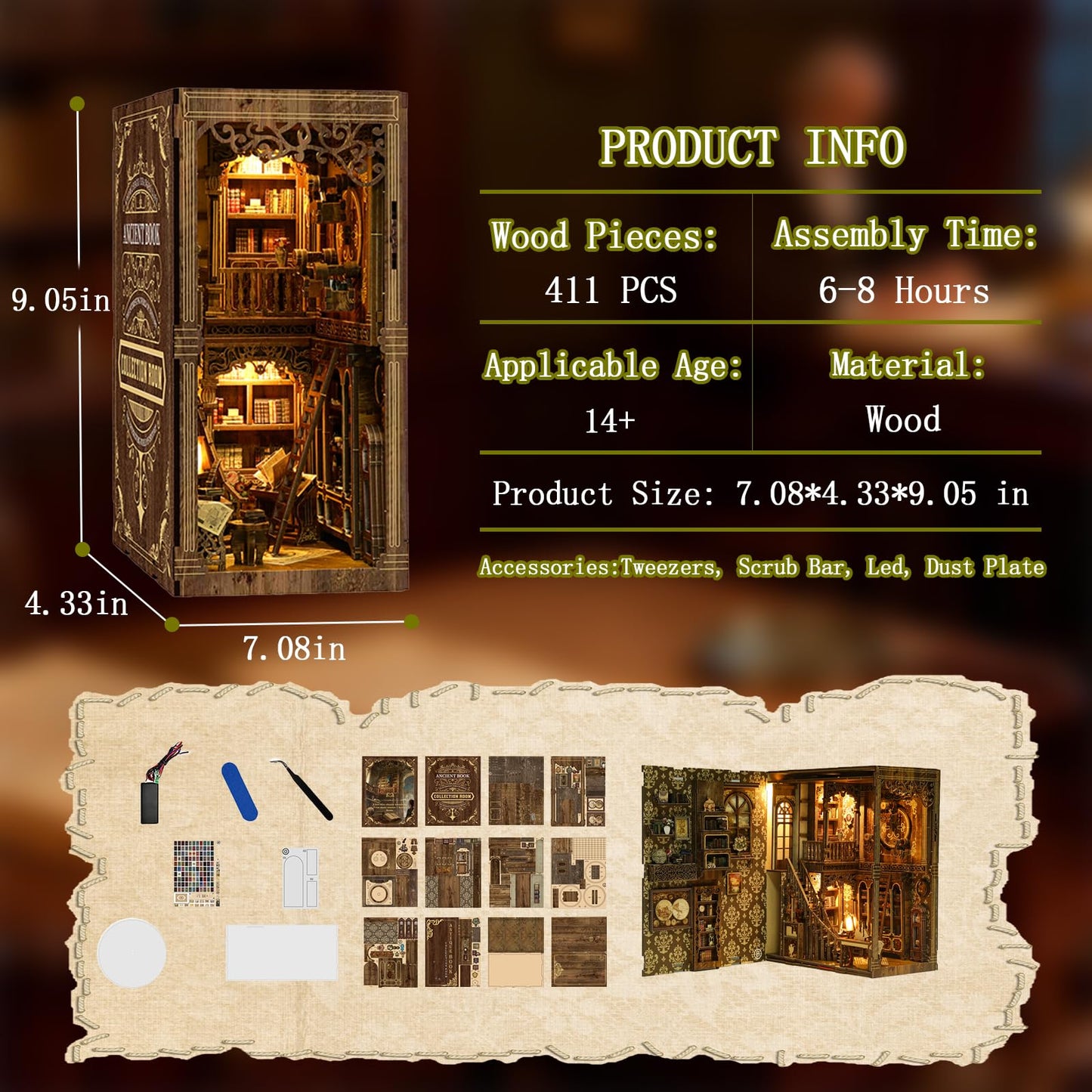 YSWOOD WORLD Book Nook Kit – DIY 3D Wooden Miniature House with Sensor LED Lighting
