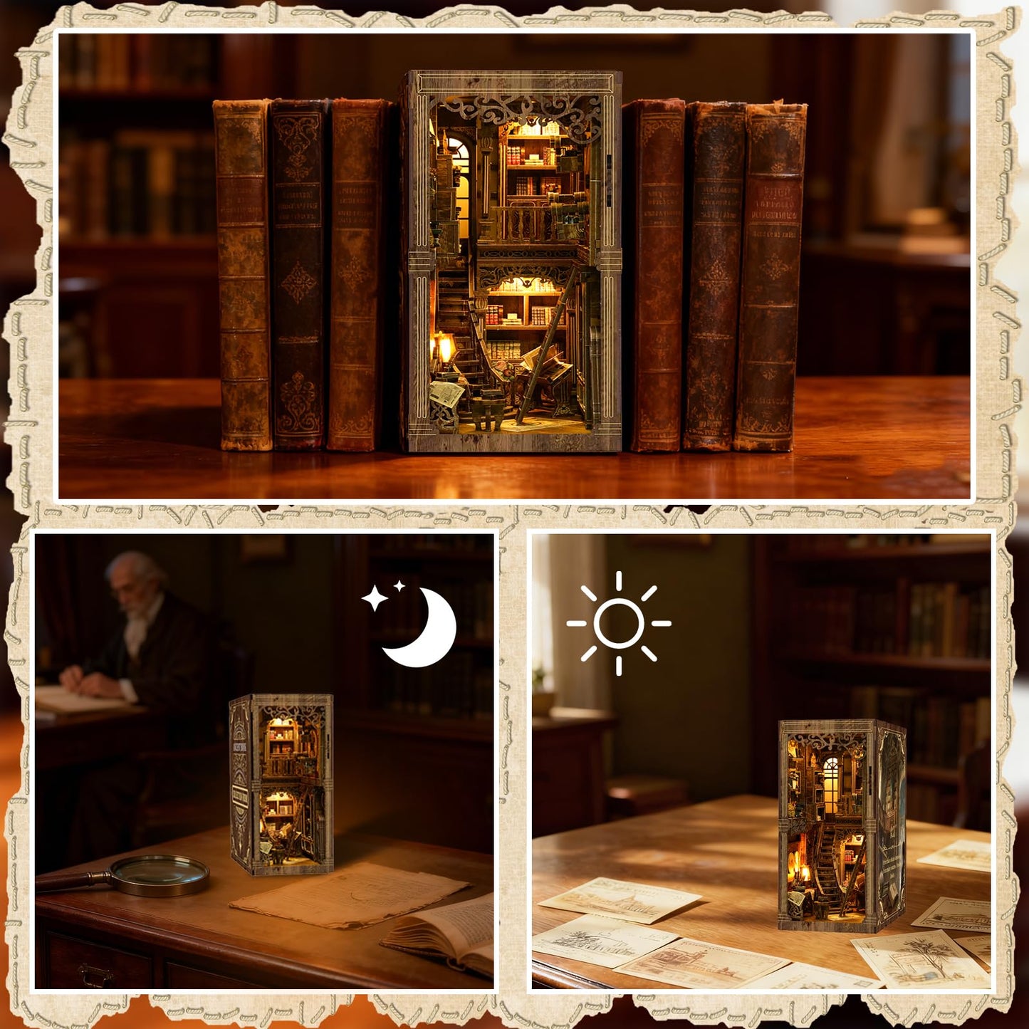 YSWOOD WORLD Book Nook Kit – DIY 3D Wooden Miniature House with Sensor LED Lighting