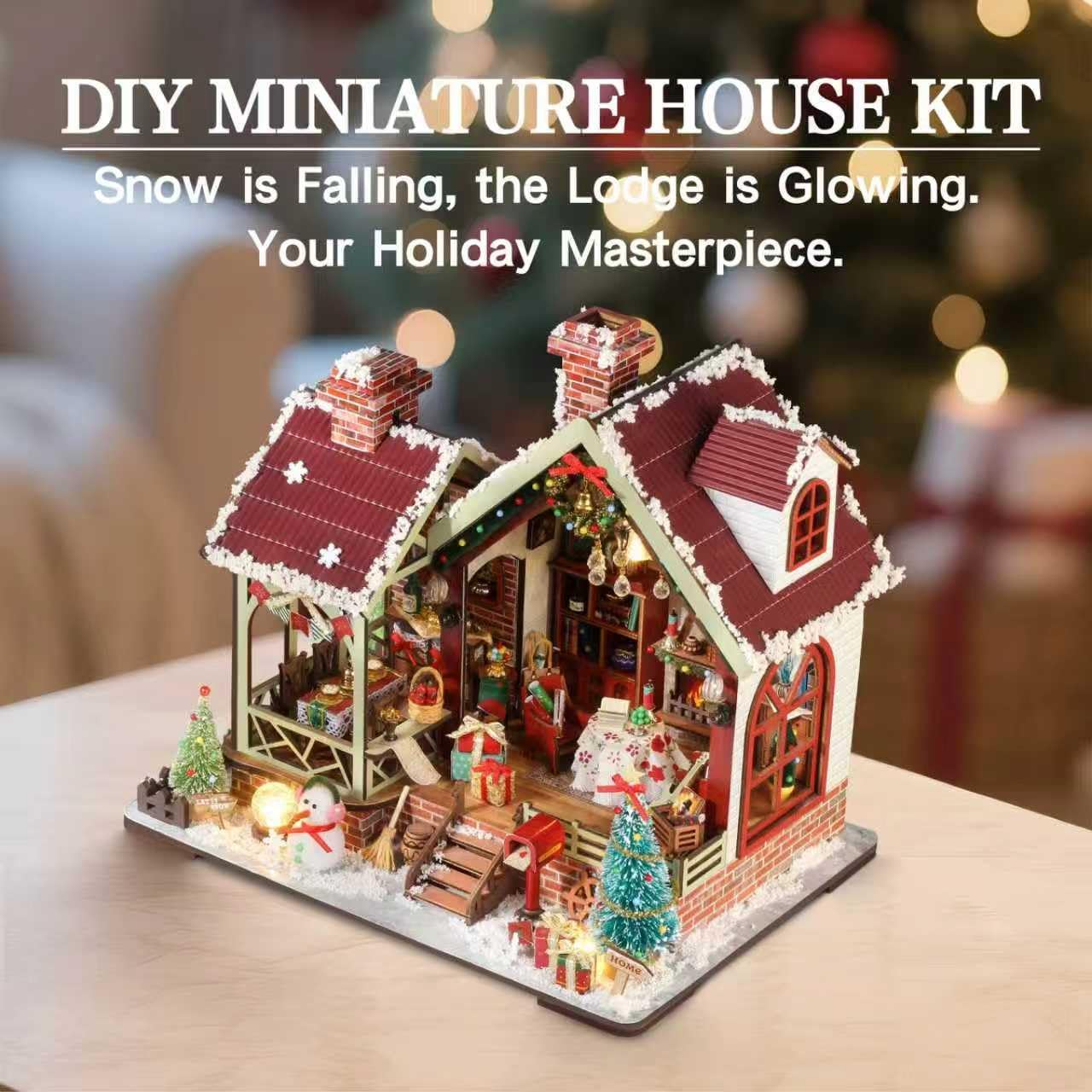 YSWOOD WORLD DIY Miniature House Kit – Christmas Warm Lodge Dollhouse for Adults & Teens