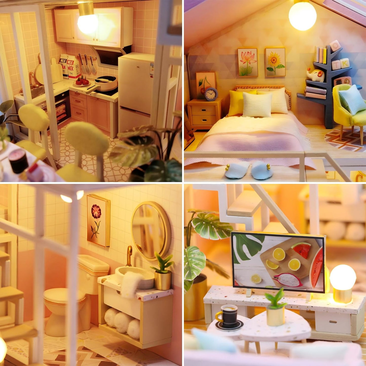 YSWOOD WORLD DIY Miniature House Kit – Loft Dollhouse with Pink Interior & LED Lights