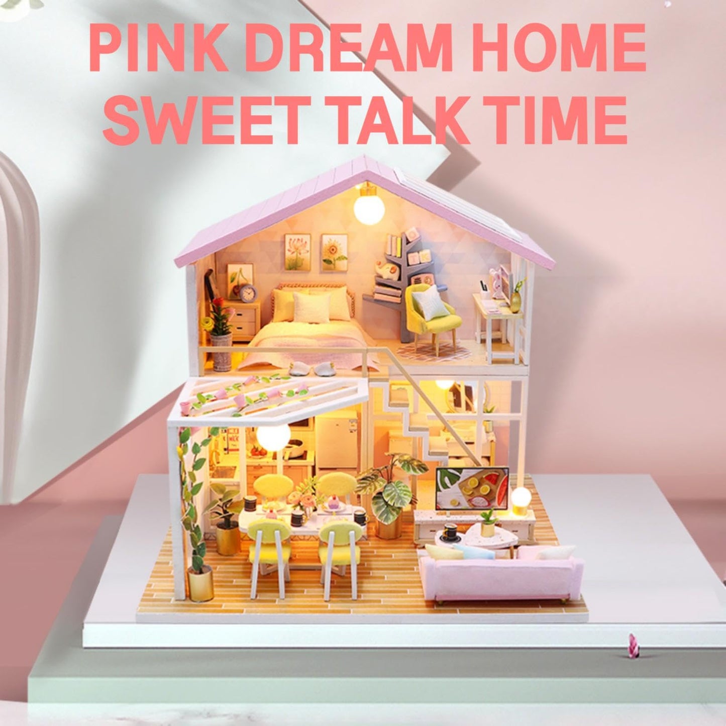 YSWOOD WORLD DIY Miniature House Kit – Loft Dollhouse with Pink Interior & LED Lights