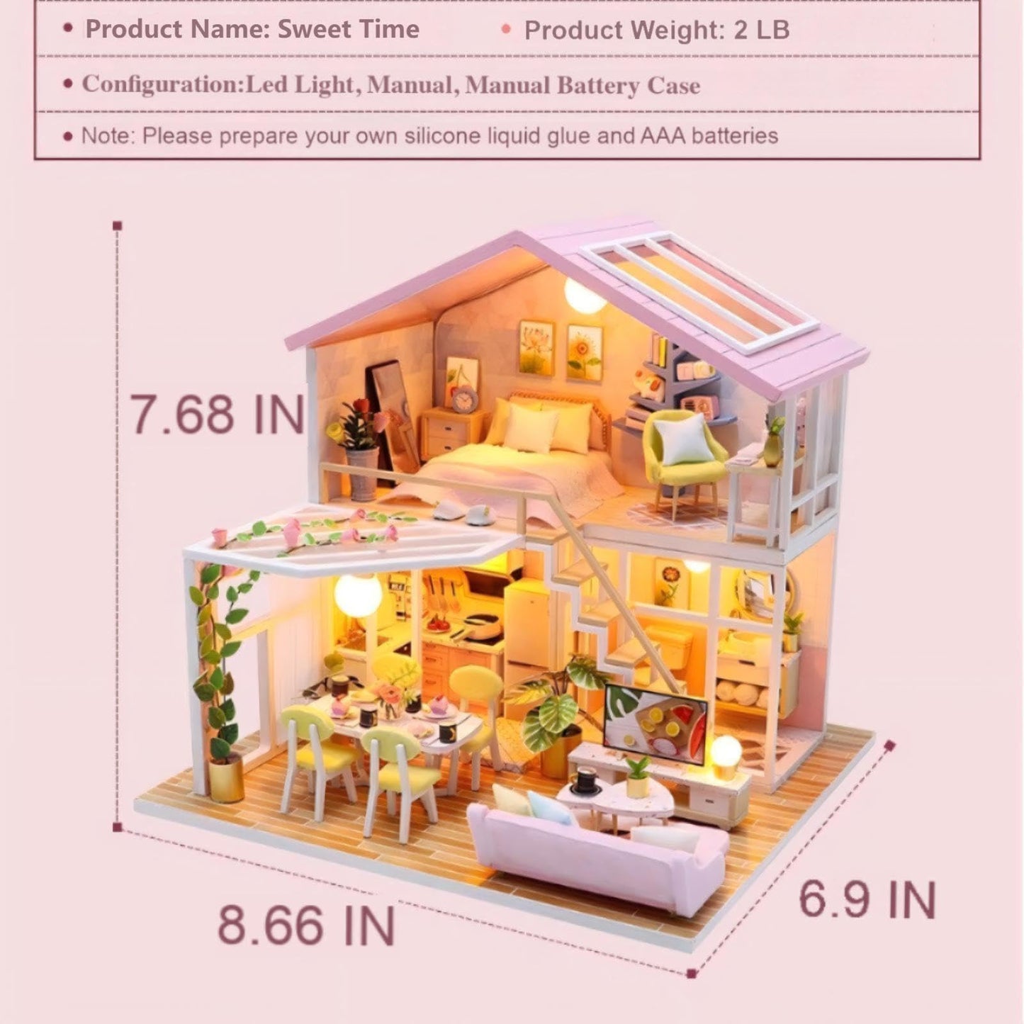 YSWOOD WORLD DIY Miniature House Kit – Loft Dollhouse with Pink Interior & LED Lights