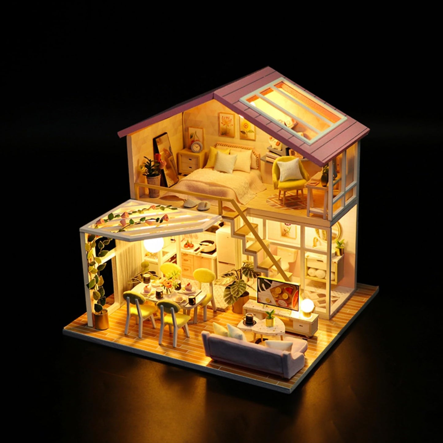 YSWOOD WORLD DIY Miniature House Kit – Loft Dollhouse with Pink Interior & LED Lights