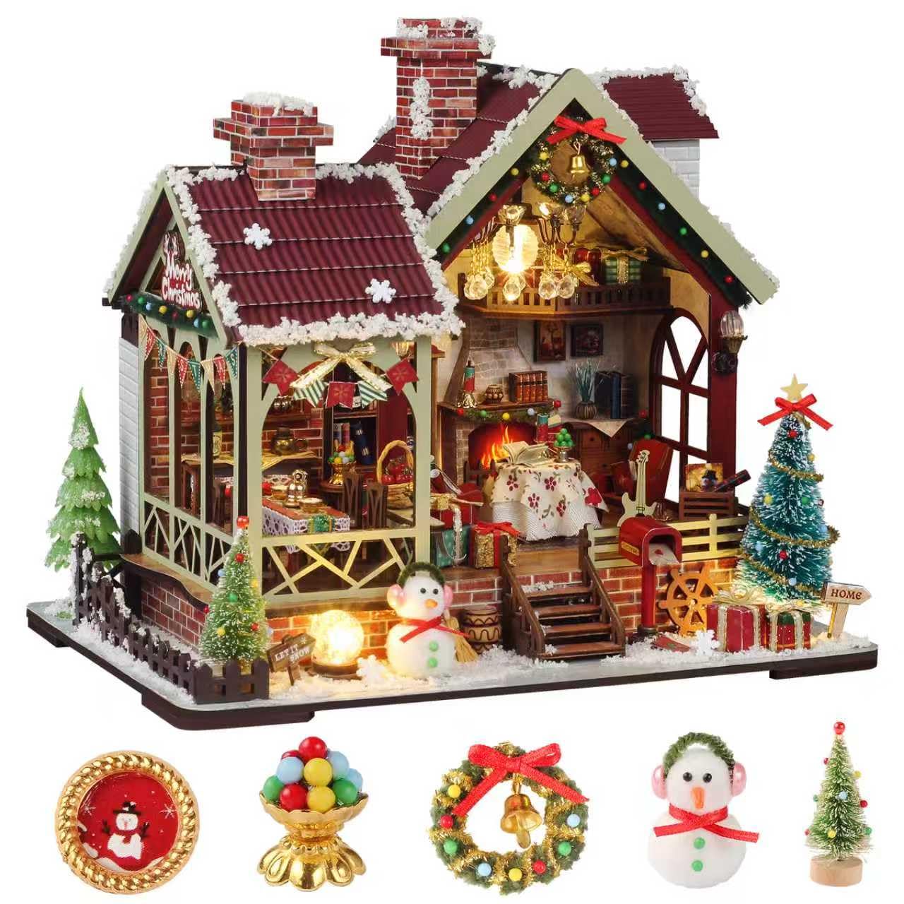 YSWOOD WORLD DIY Miniature House Kit – Christmas Warm Lodge Dollhouse for Adults & Teens