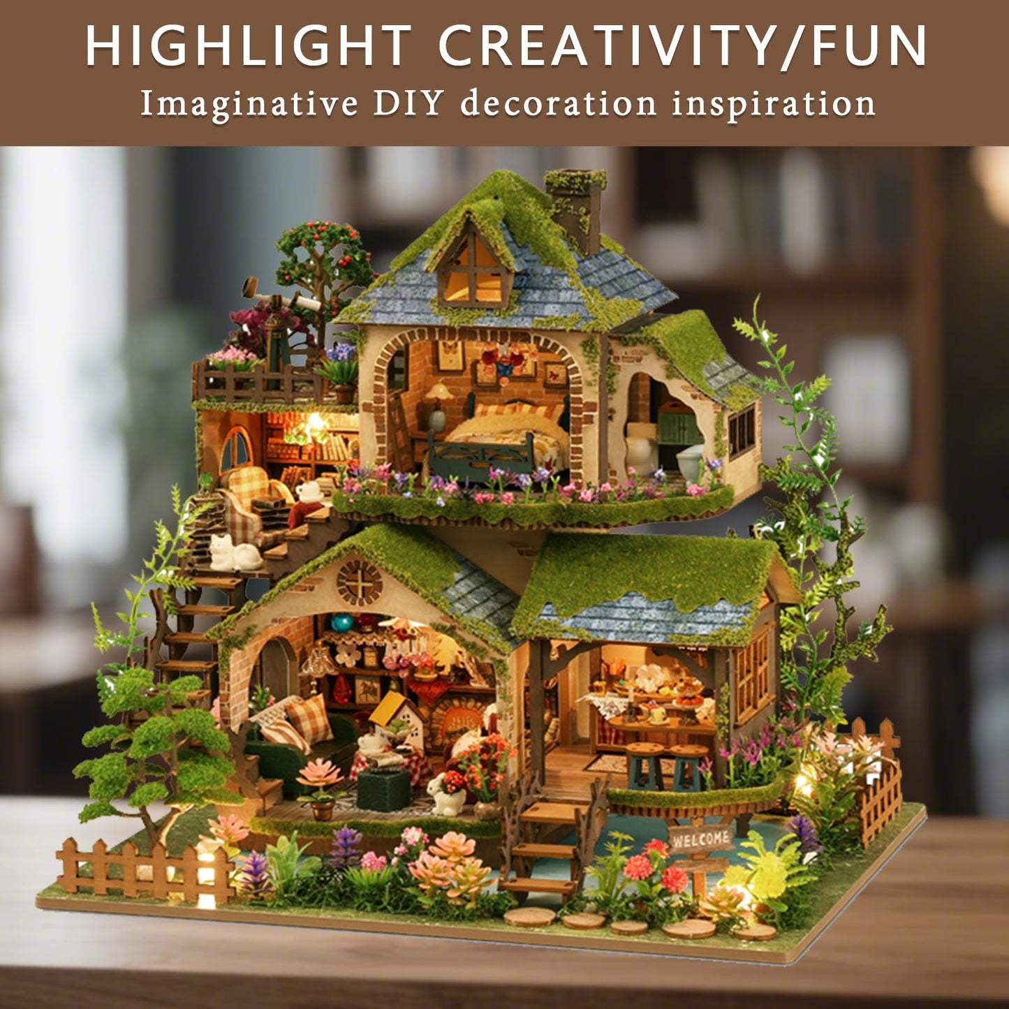 YSWOOD WORLD DIY Miniature House Kit – Forest Adventure with LED Lighting | Dollhouse Kit for Teens & Adults