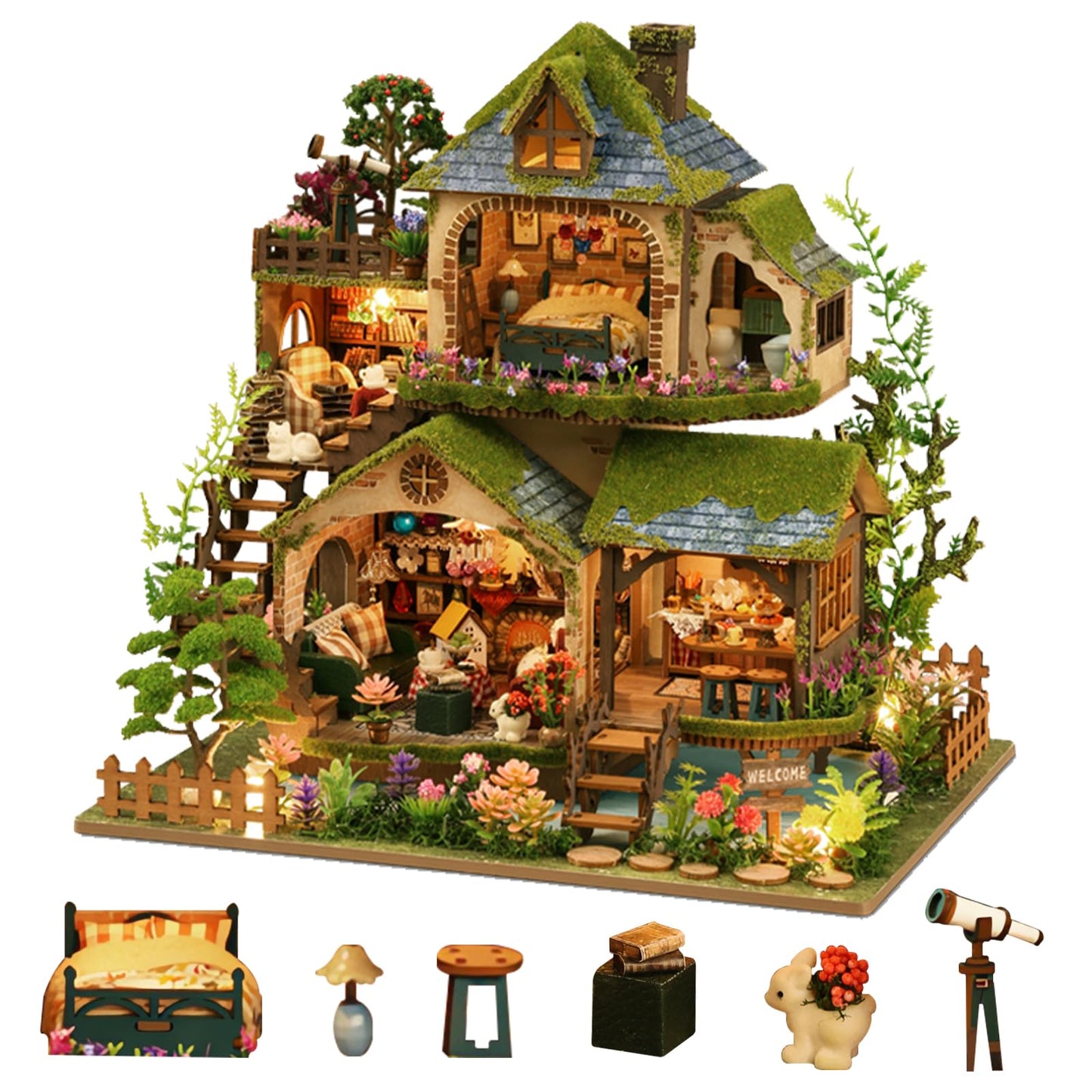 YSWOOD WORLD DIY Miniature House Kit – Forest Adventure with LED Lighting | Dollhouse Kit for Teens & Adults