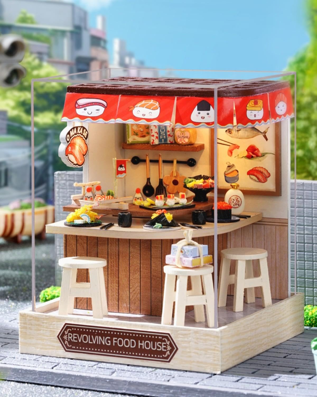 YSWOOD WORLD DIY Miniature House Kit with LED & Dust Cover – Revolving Food Theme Dollhouse