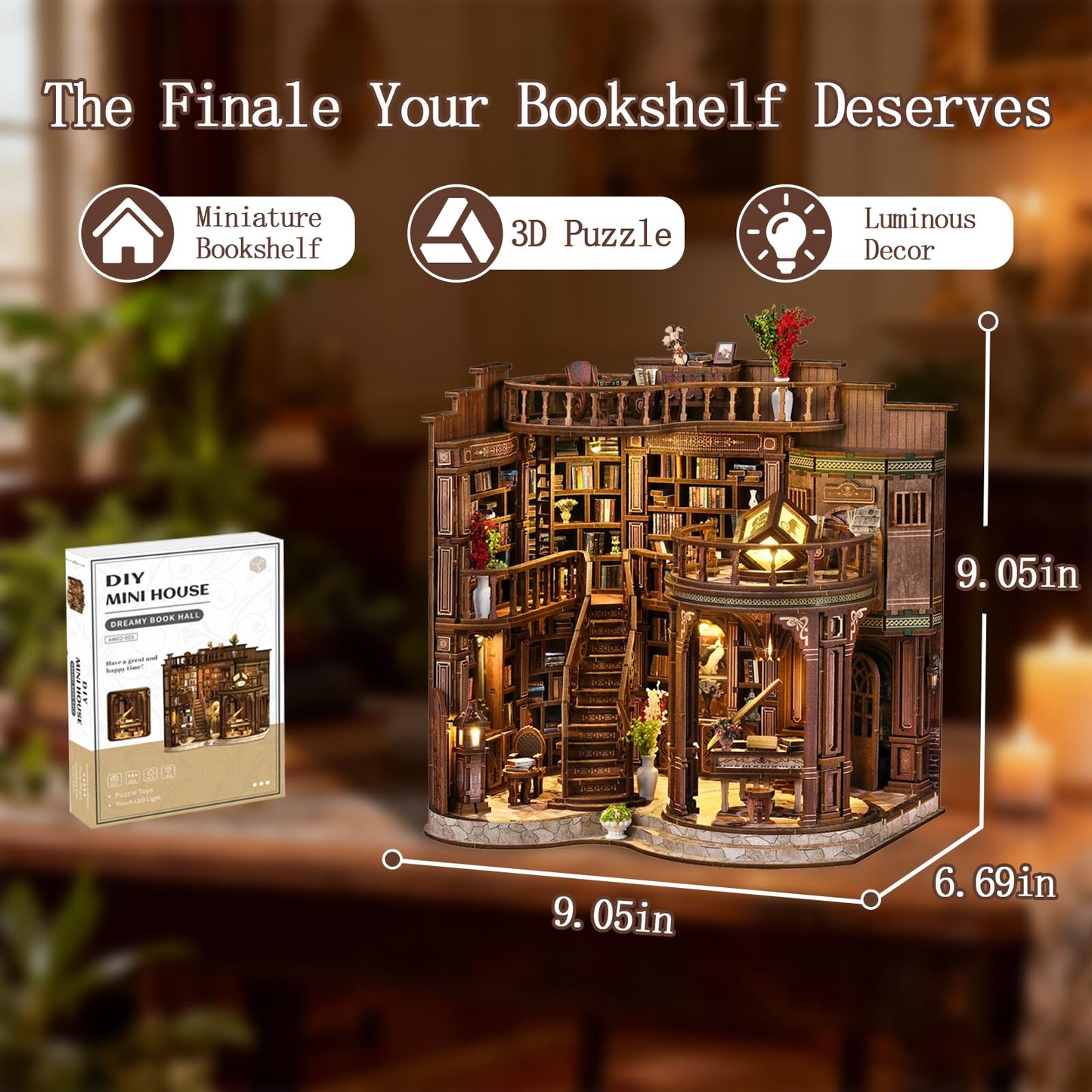 YSWOOD WORLD Book Nook Kit – DIY Miniature House, 3D Puzzle with LED Light