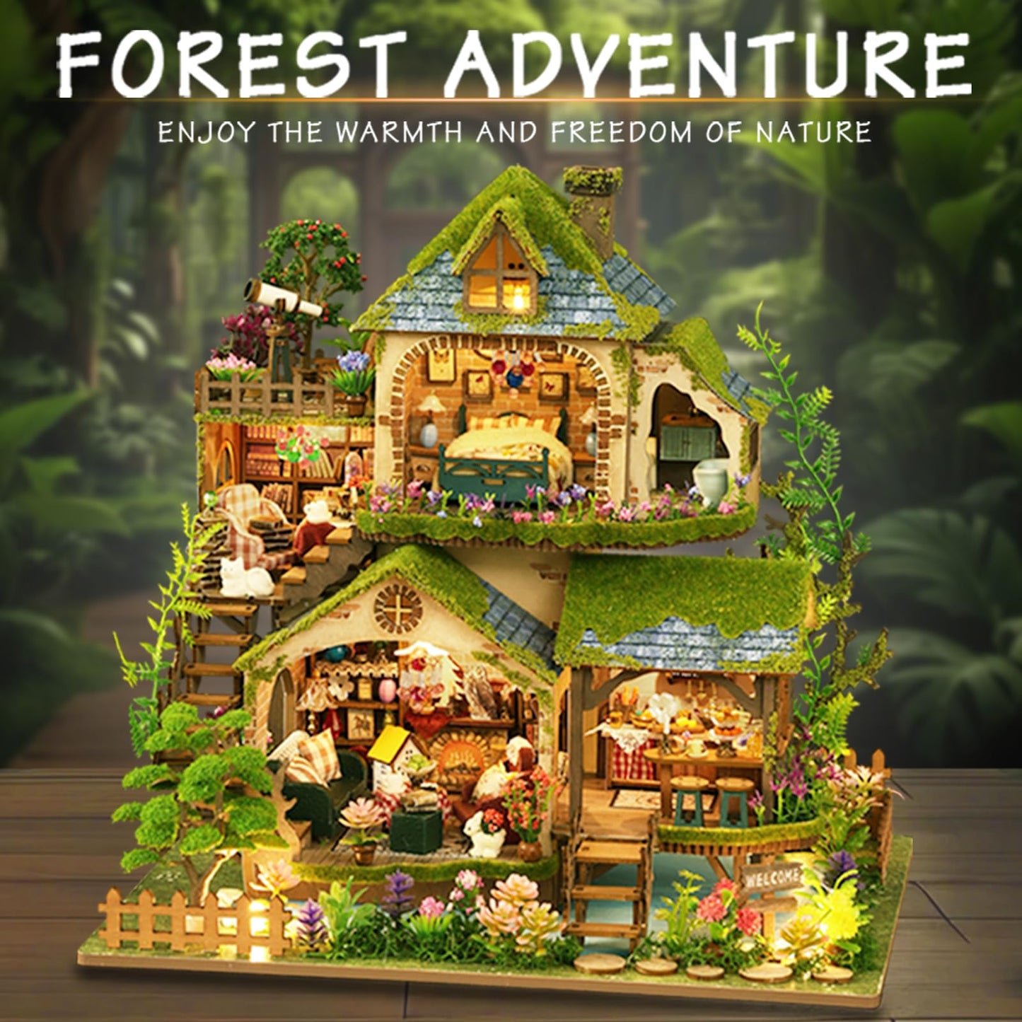 YSWOOD WORLD DIY Miniature House Kit – Forest Adventure with LED Lighting | Dollhouse Kit for Teens & Adults