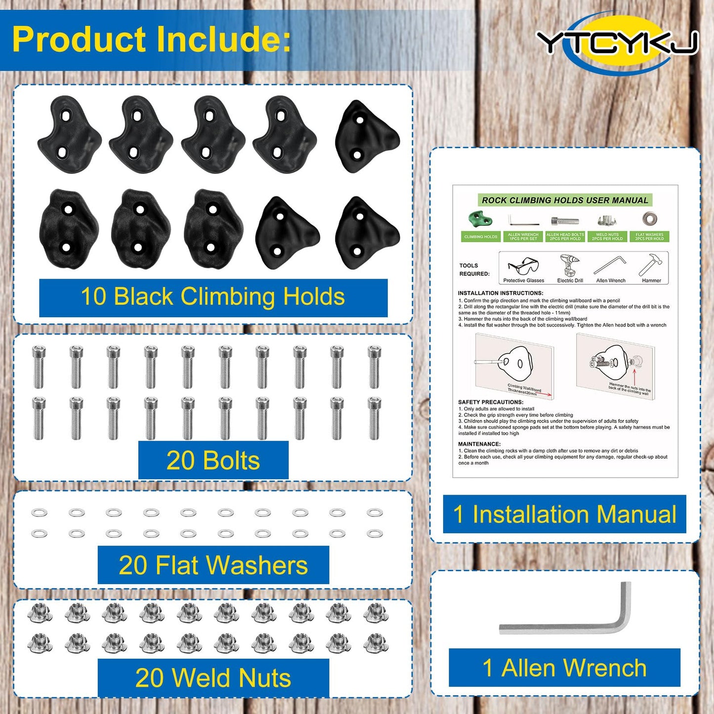 YTCYKJ 10PCS Rock Climbing Holds for Kids and Adults – Extra Large Indoor/Outdoor Wall Kit with Mounting Hardware