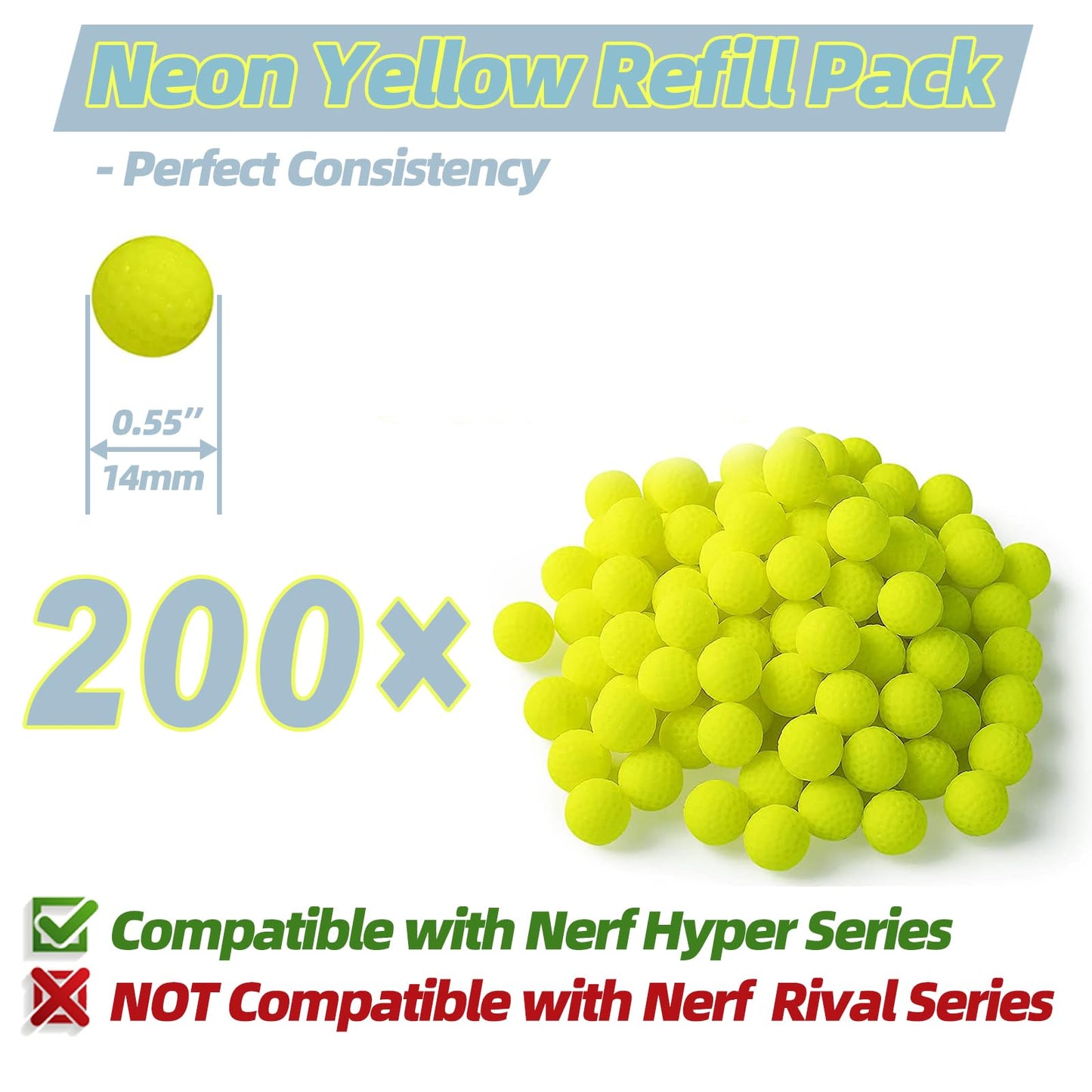 YTSWELE 200 Rounds Refill Balls for Nerf Hyper Blaster Series – Neon Yellow 0.55-inch