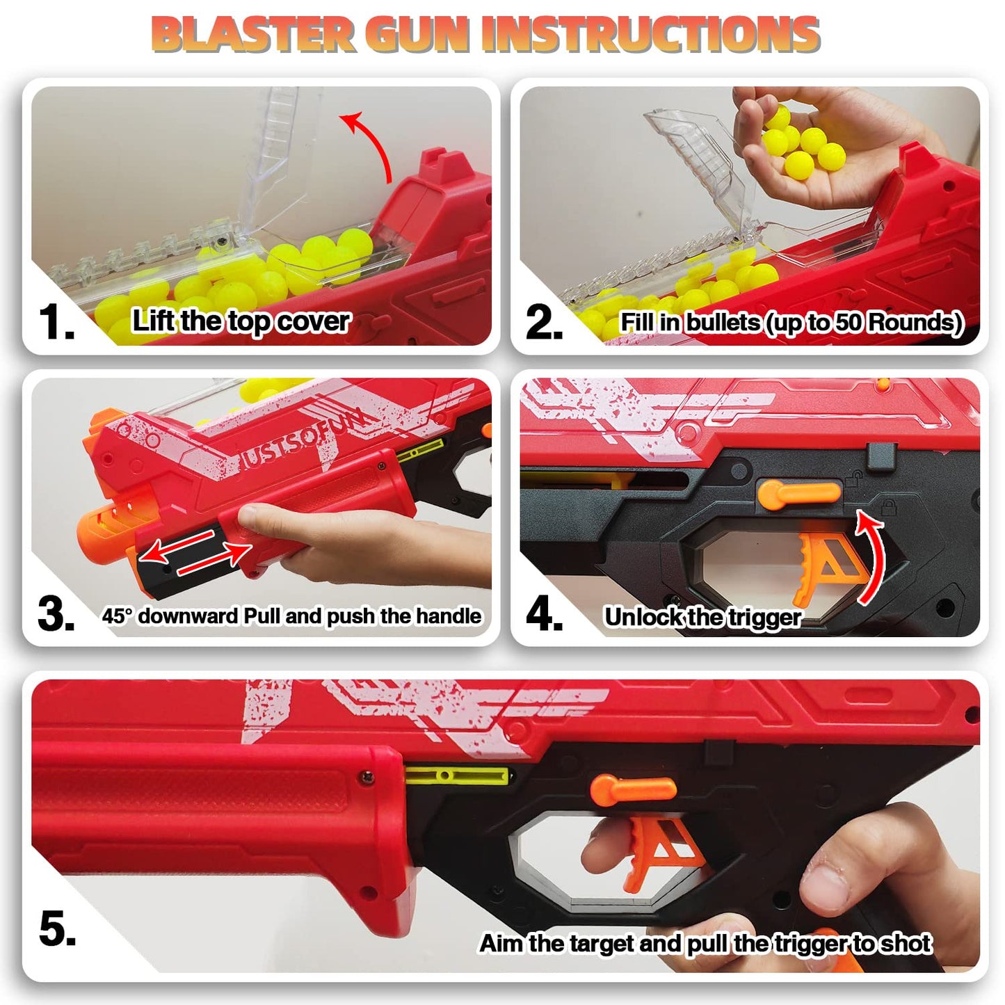 YTSWELE Blaster Gun with Protective Goggles — 100 Nerf Hyper Rounds, 110 FPS, 50-Round Hopper (Red)
