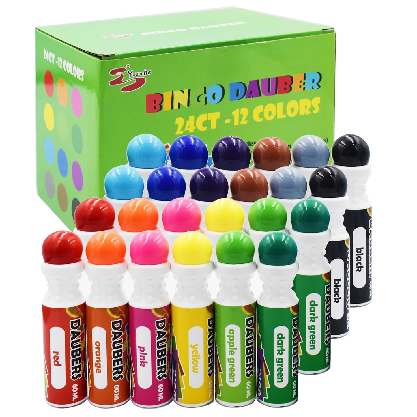 Yuanhe Bingo Daubers 24-Pack Mixed Colors – Quick-Dry, Leakage-Proof Dot Markers
