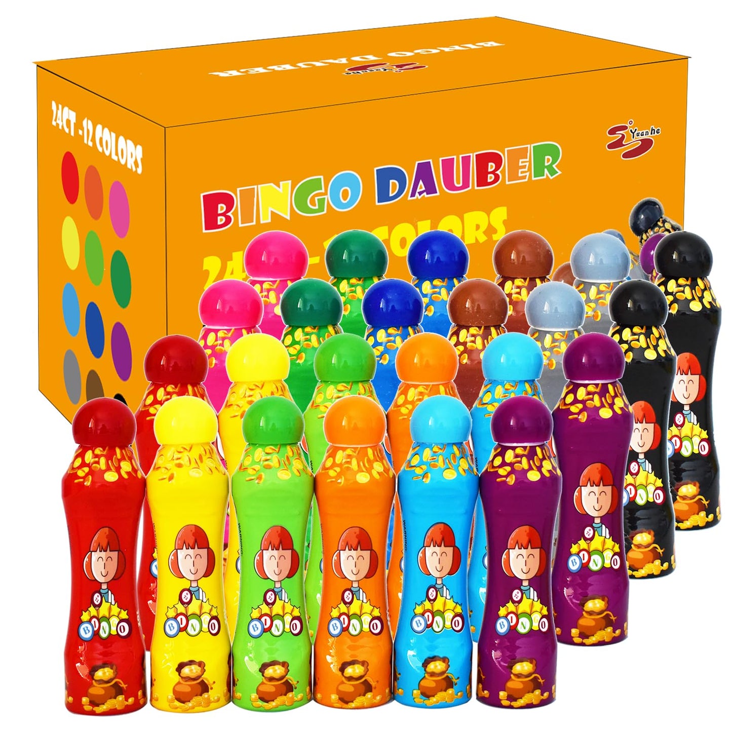 Yuanhe Bingo Daubers Dot Markers – 3 oz, 24 Pack (12 Colors) for Arts & Crafts