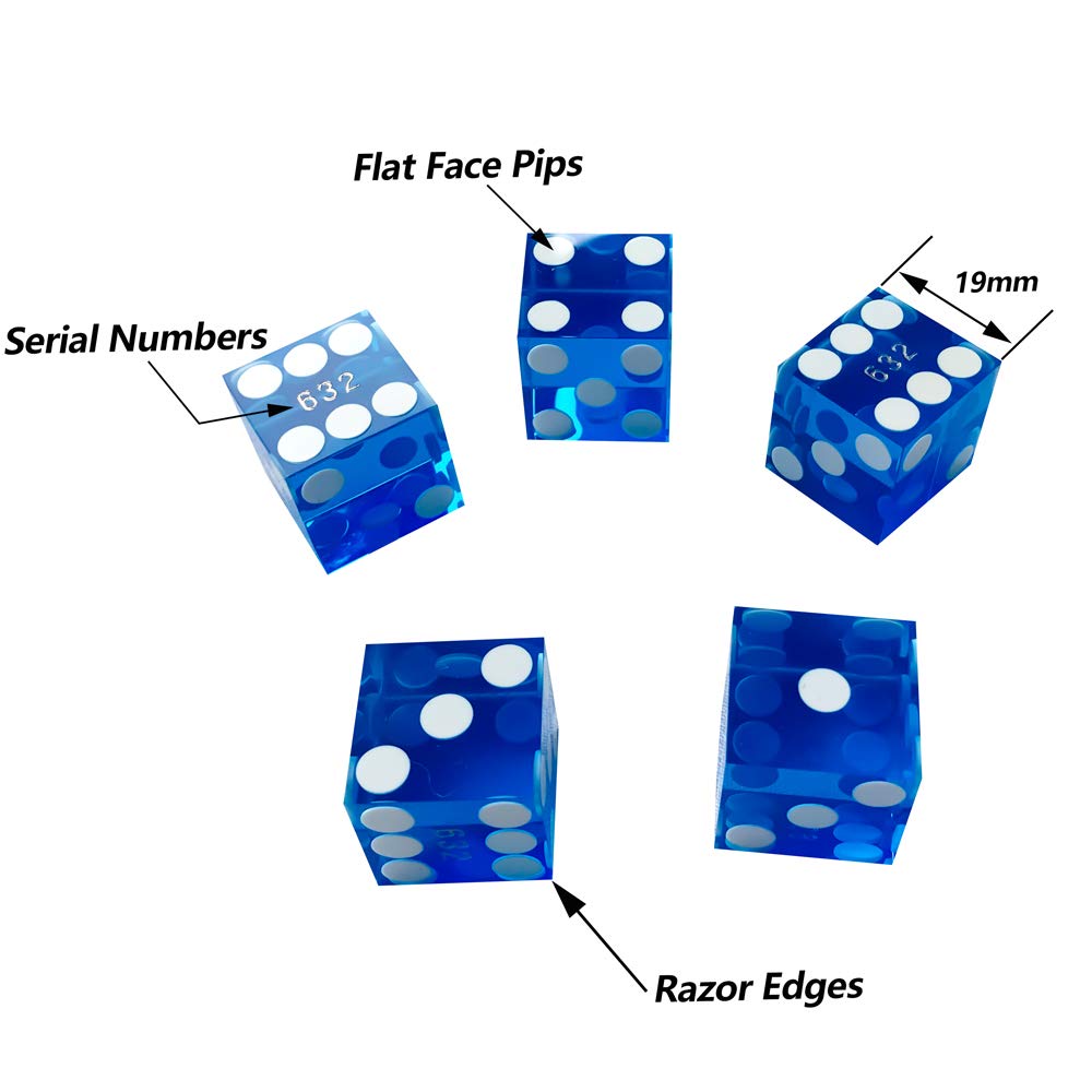 Yuanhe 5-Piece 19mm Grade AAA Serialized Casino Dice - Blue, Razor Edges