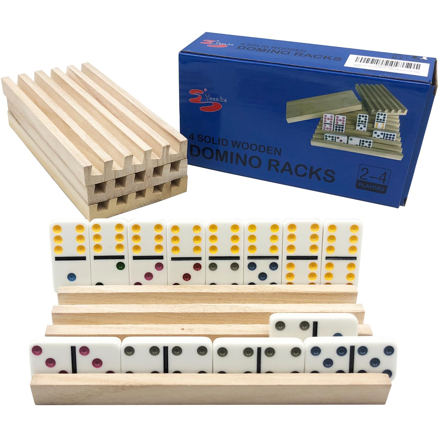 Yuanhe Domino Holder Trays – Set of 4 Wooden Tile Racks for Mexican Train Rummy & Chickenfoot