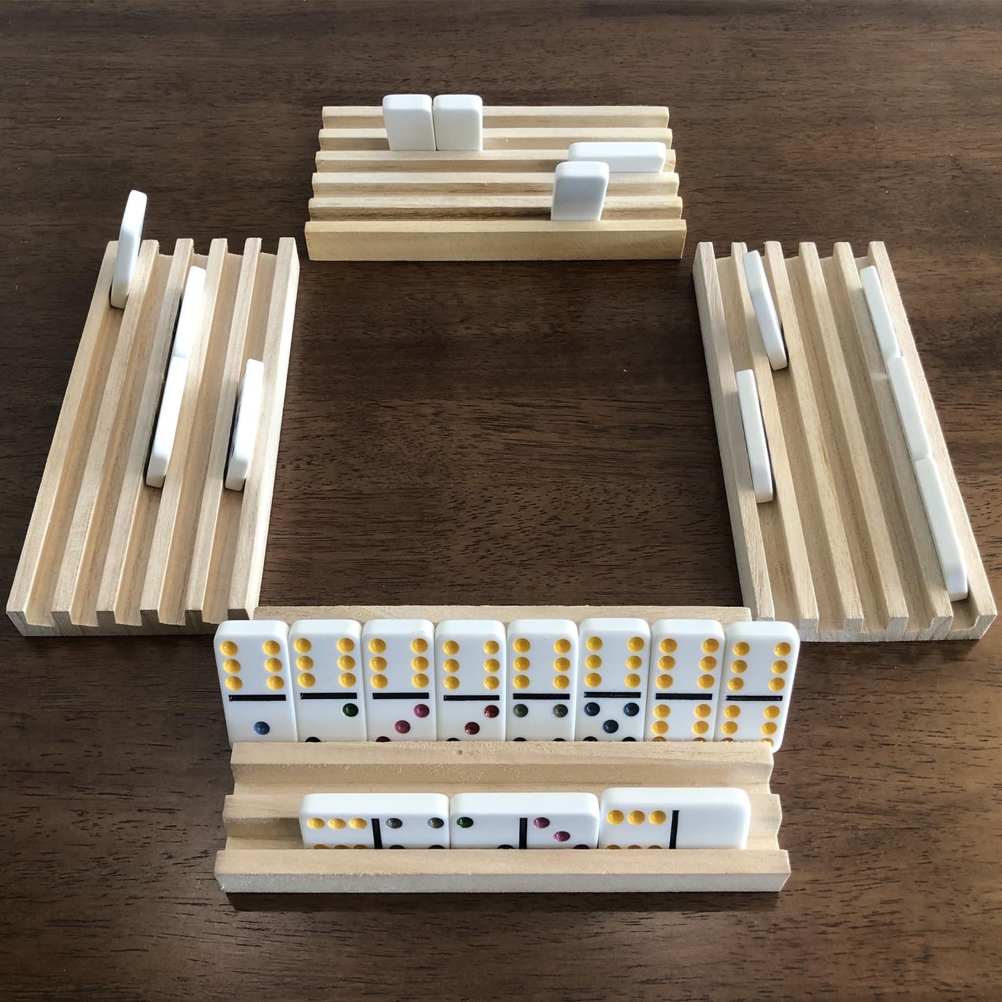 Yuanhe Domino Holder Trays – Set of 4 Wooden Tile Racks for Mexican Train Rummy & Chickenfoot