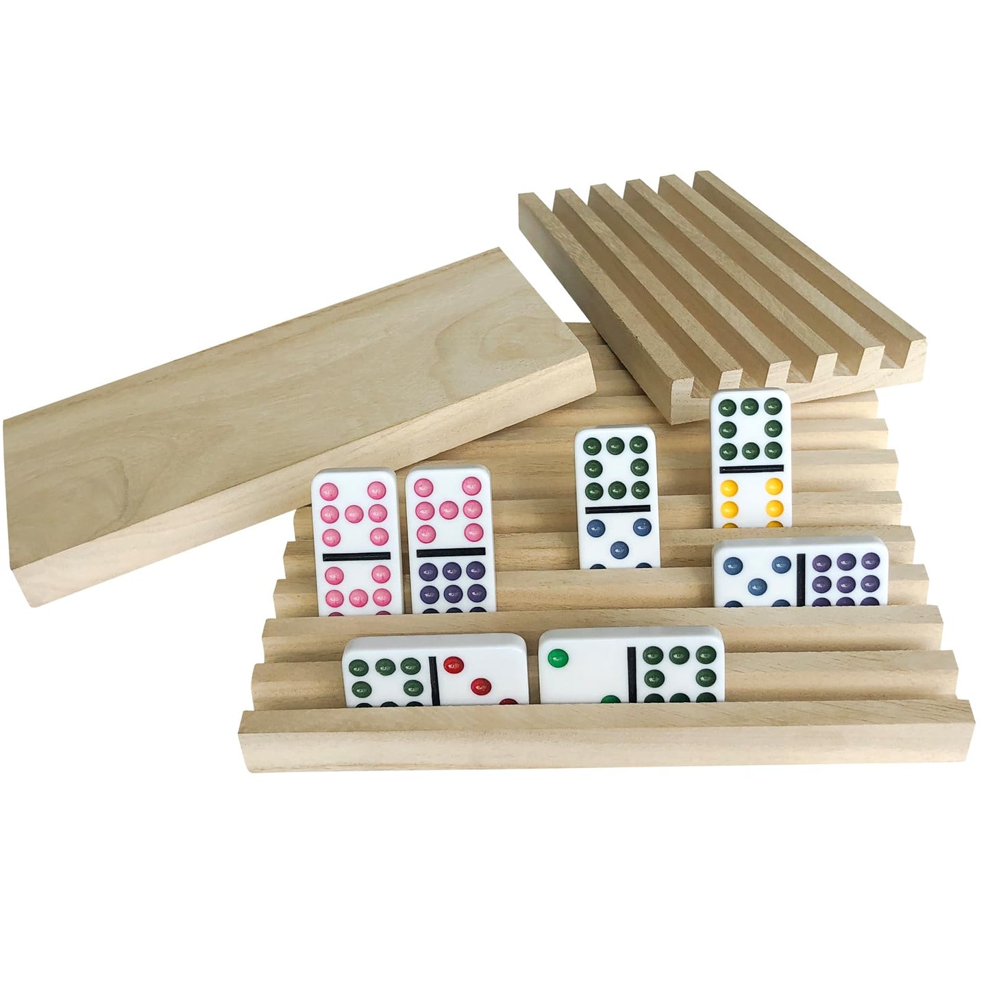 Yuanhe Domino Holder Trays – Set of 4 Wooden Tile Racks for Mexican Train Rummy & Chickenfoot
