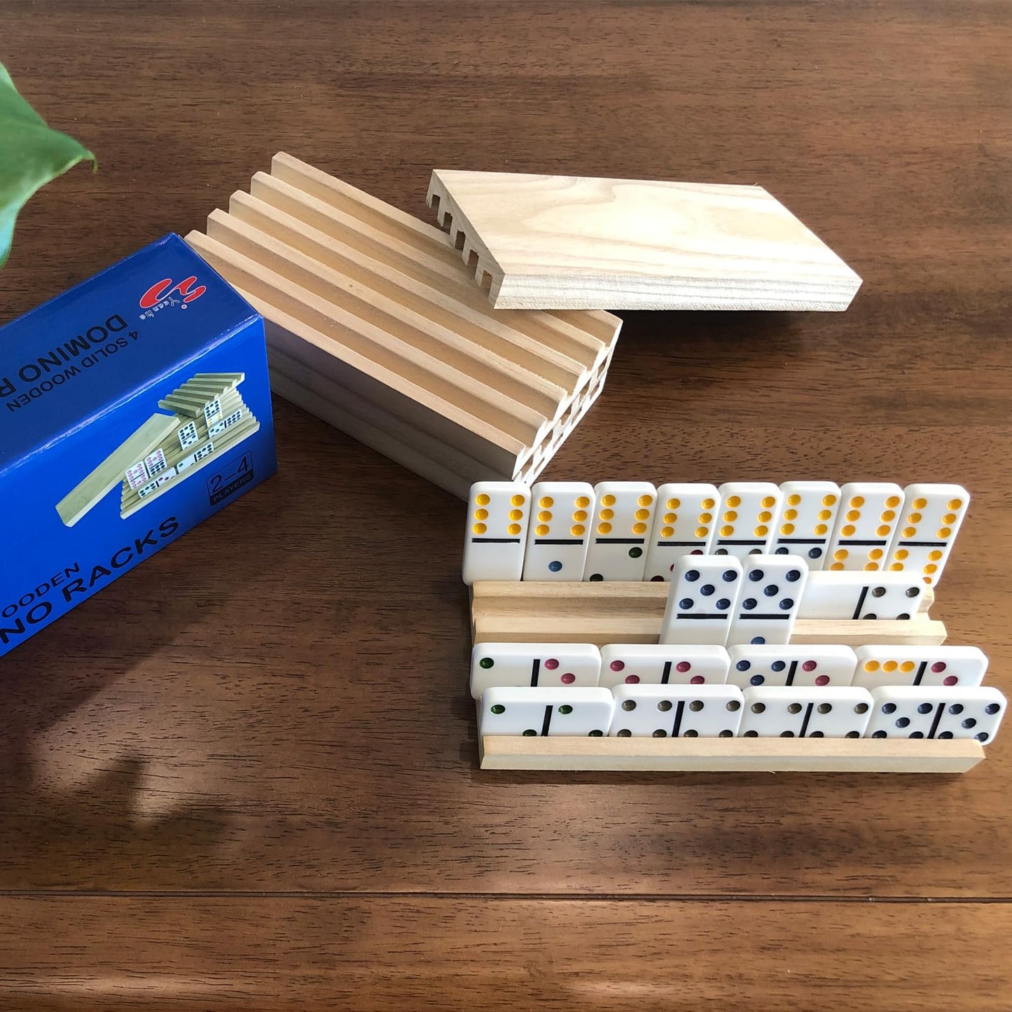 Yuanhe Domino Holder Trays – Set of 4 Wooden Tile Racks for Mexican Train Rummy & Chickenfoot