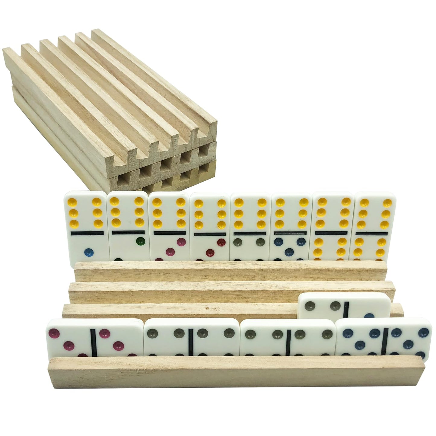 Yuanhe Domino Holder Trays – Set of 4 Wooden Tile Racks for Mexican Train Rummy & Chickenfoot