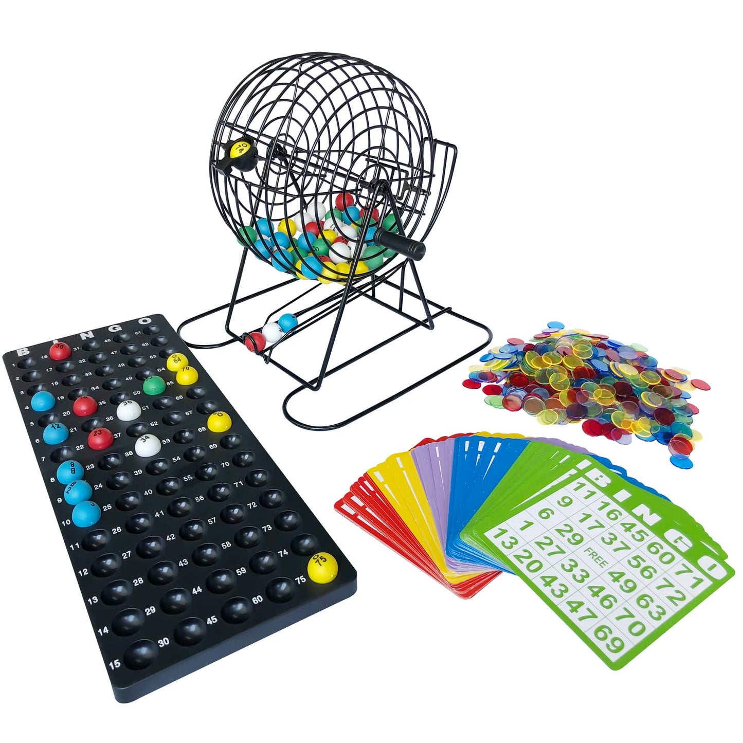 Yuanhe Jumbo Bingo Game Set – 11-Inch Metal Cage, 7-8-Inch Balls, 500 Chips, 100 Cards for Large Group Games