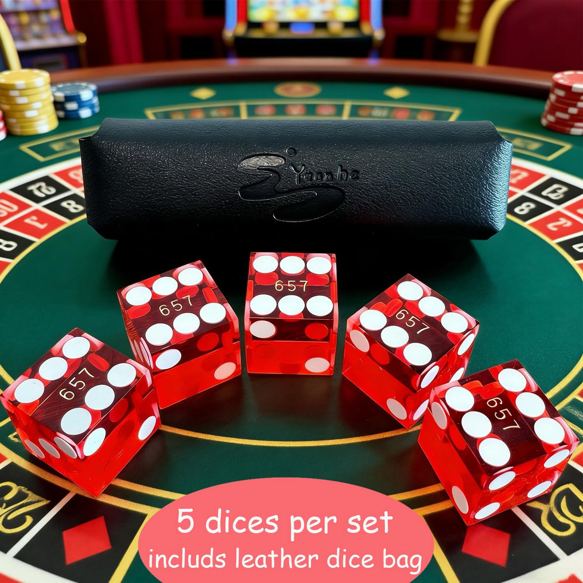 Yuanhe 19mm Professional Casino Dice – Razor Edge, Serialized Set, Leather Case, 5 Red Dice
