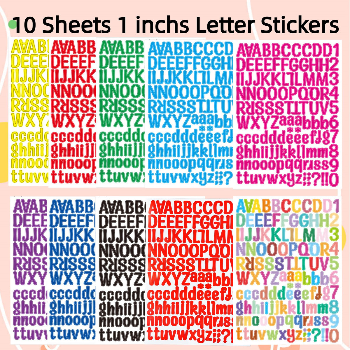 Yuanqichuanglian 1260 Pcs Letter Stickers — 10 Sheets of 1-Inch Vinyl ABC & Number Stickers