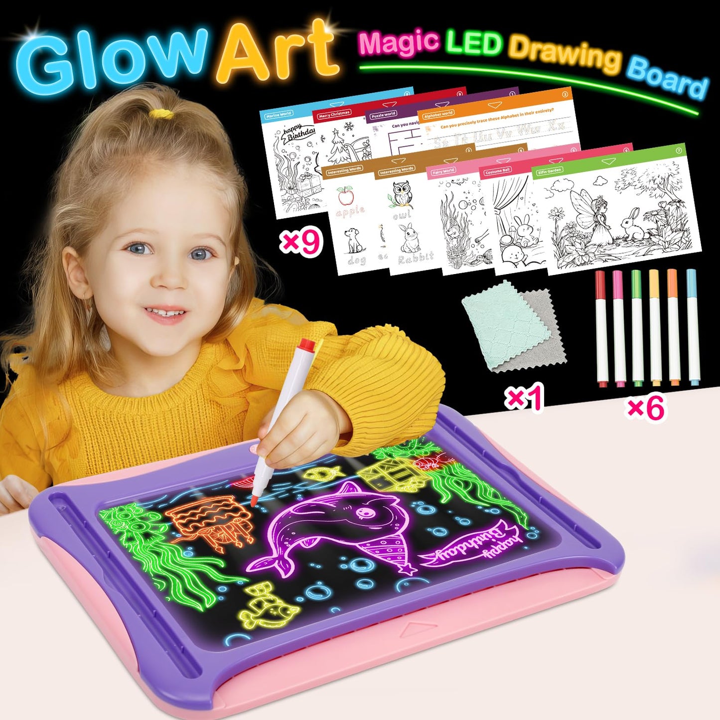 YUBALEER Magic LED Drawing Board for Kids – Light-Up Tracing Pad with 9 Cards & 6 Markers