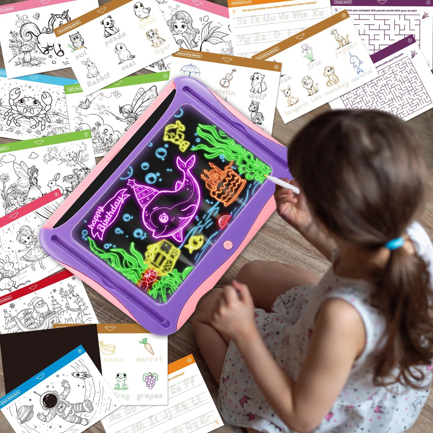 YUBALEER Magic LED Drawing Board for Kids – Light-Up Tracing Pad with 9 Cards & 6 Markers