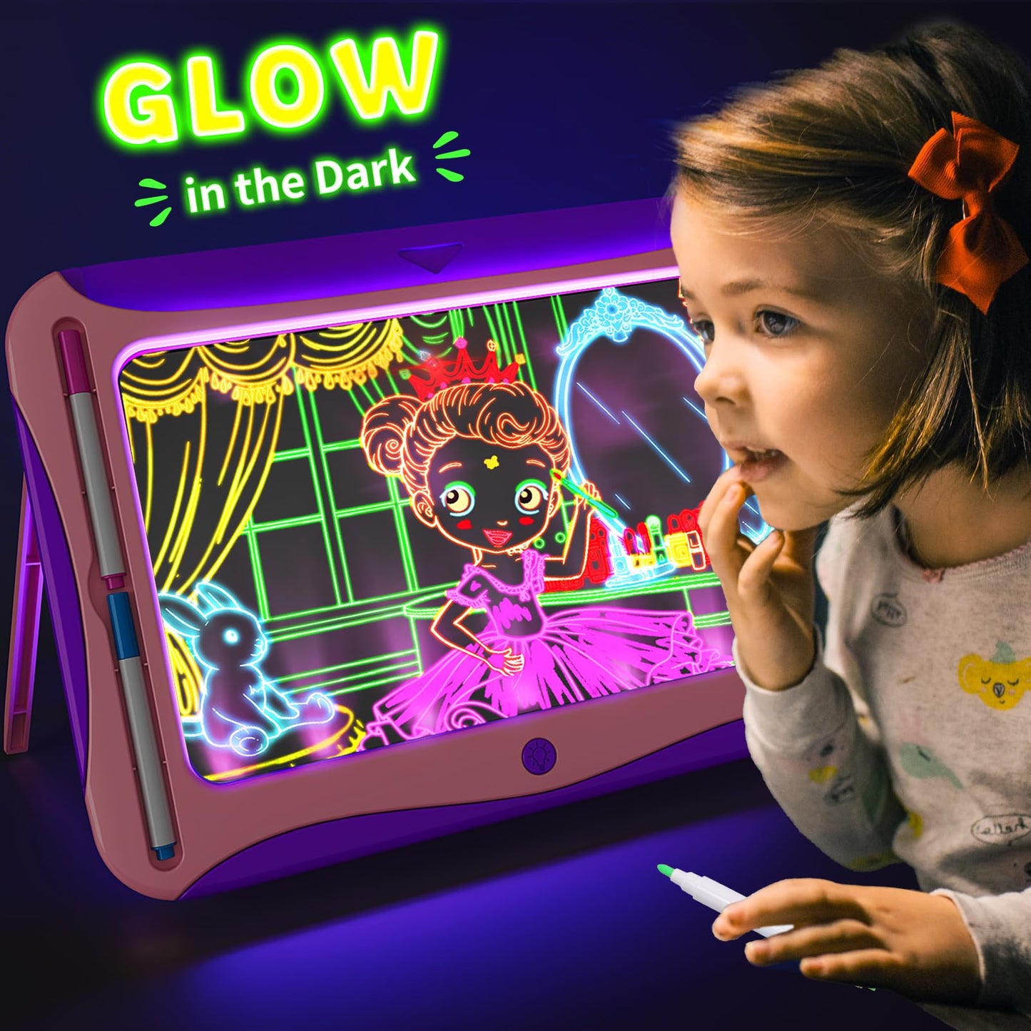 YUBALEER Magic LED Drawing Board for Kids – Light-Up Tracing Pad with 9 Cards & 6 Markers