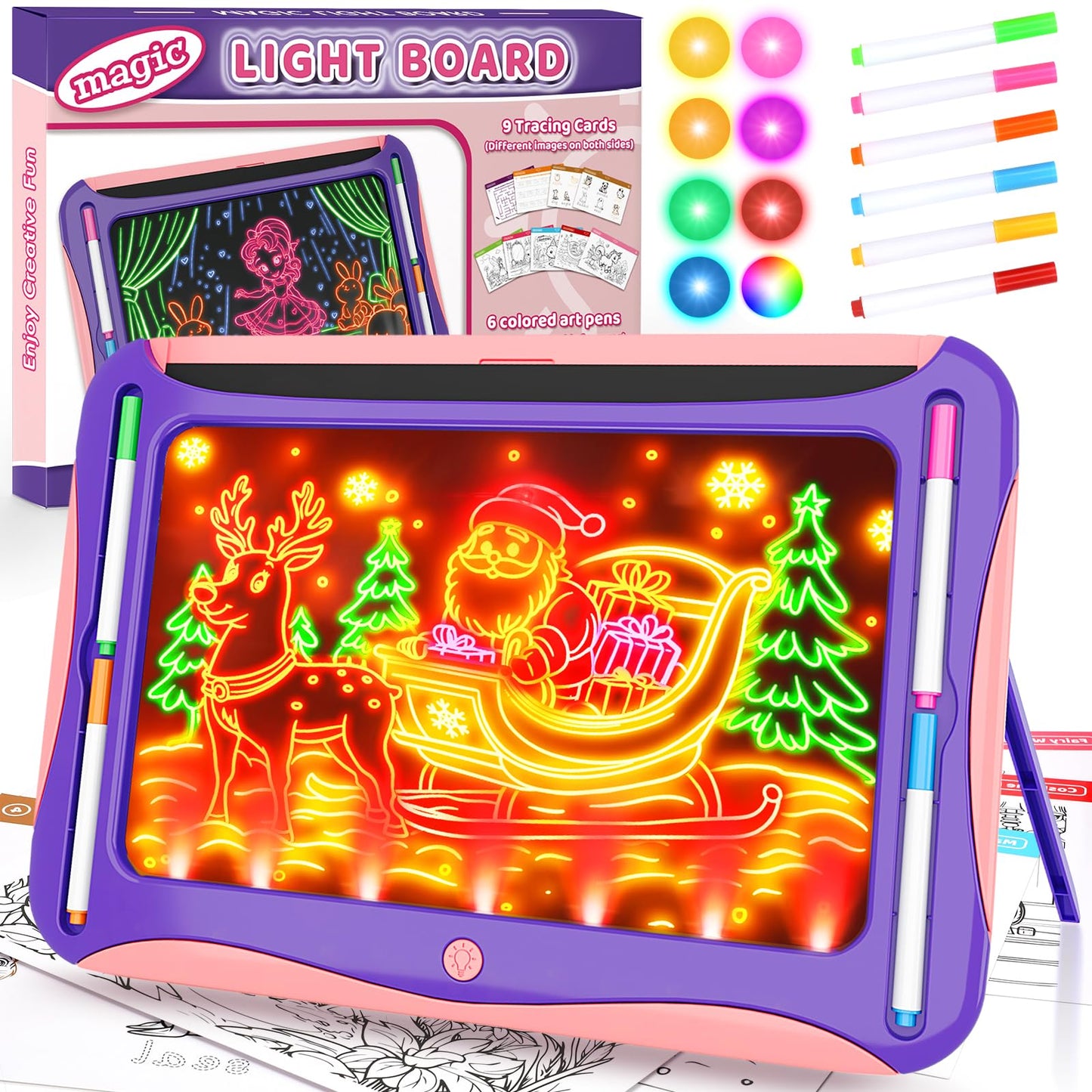 YUBALEER Magic LED Drawing Board for Kids – Light-Up Tracing Pad with 9 Cards & 6 Markers